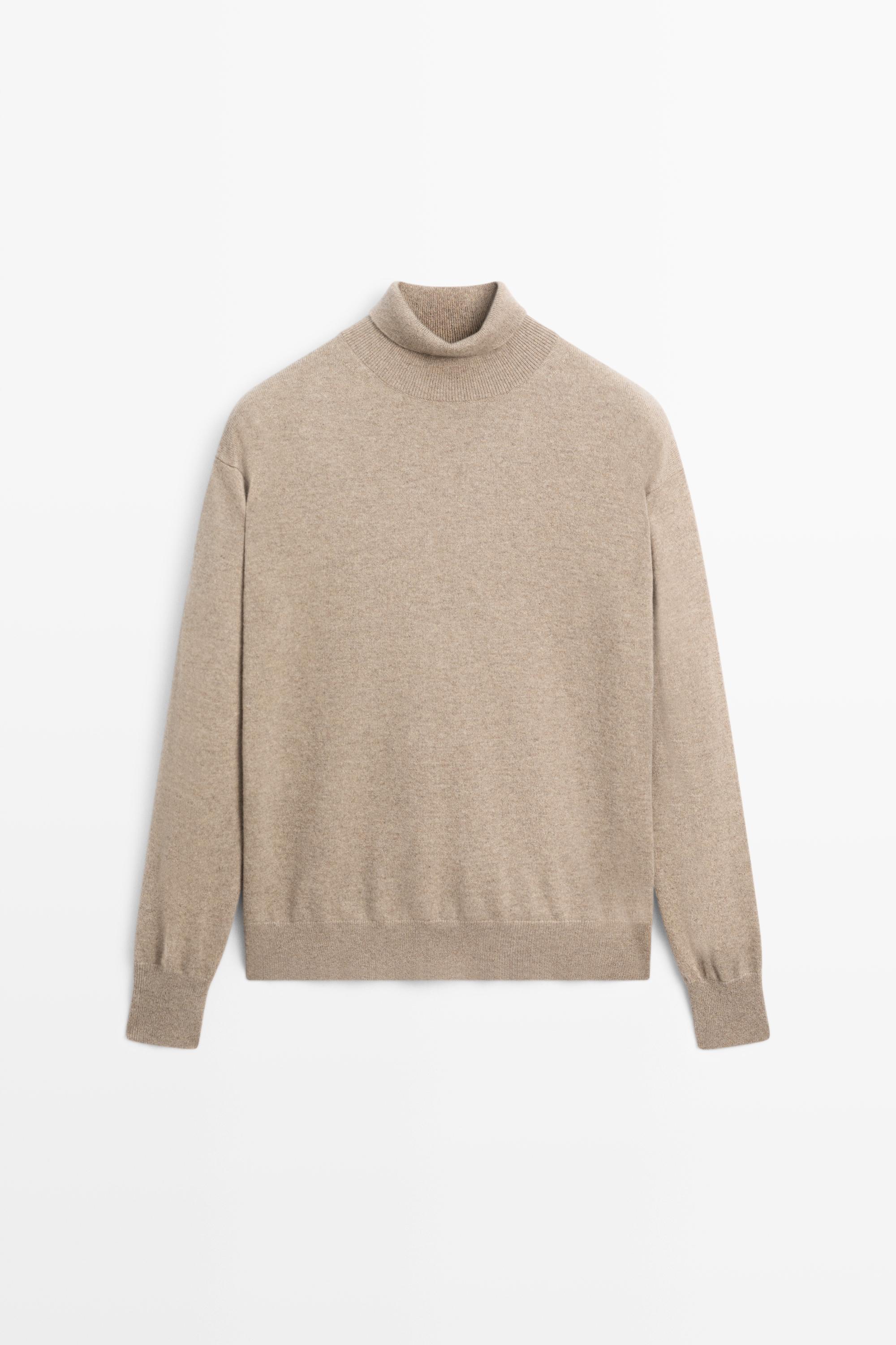 100% cashmere high neck knit sweater - BEIGE