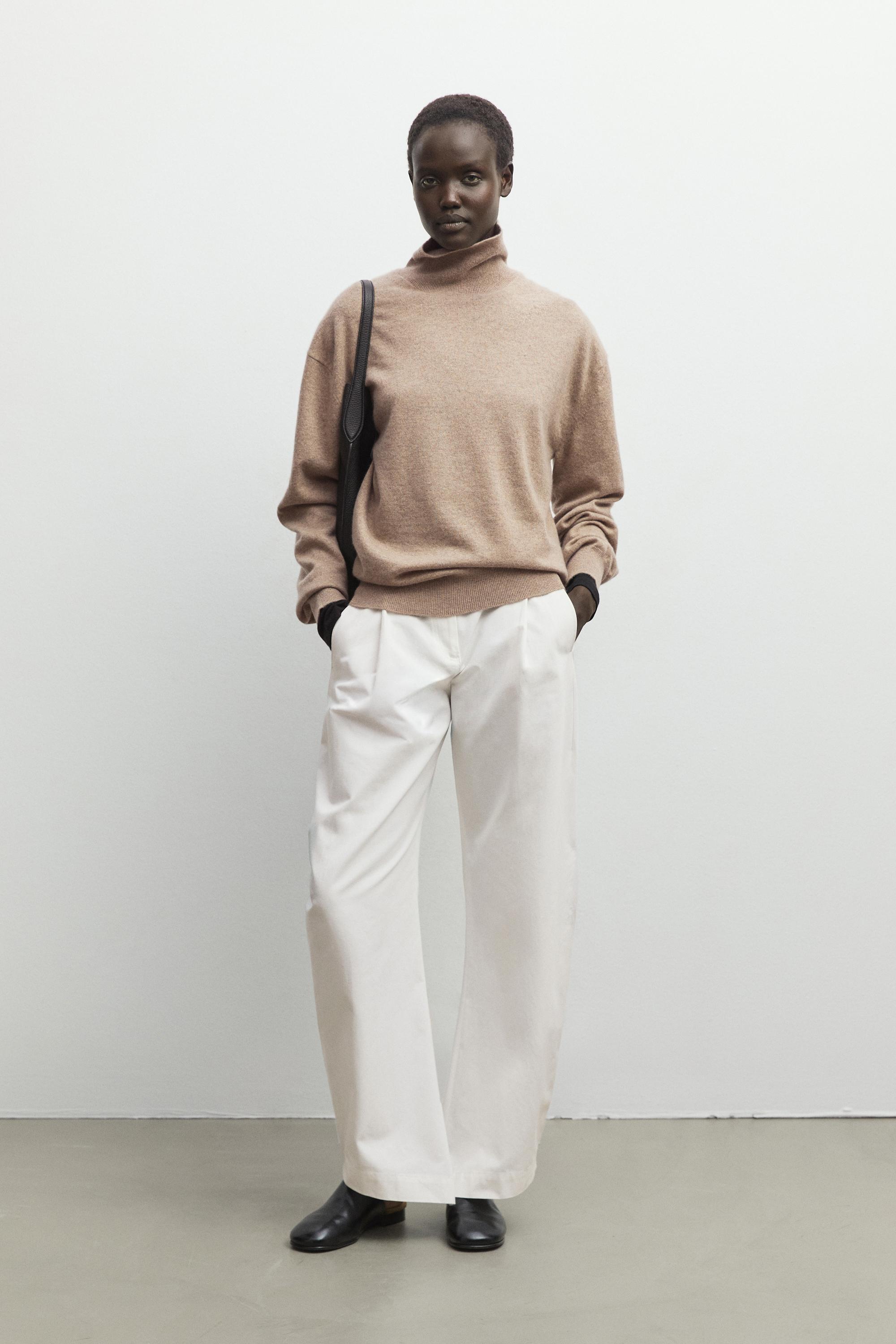 100% cashmere high neck knit sweater - BEIGE