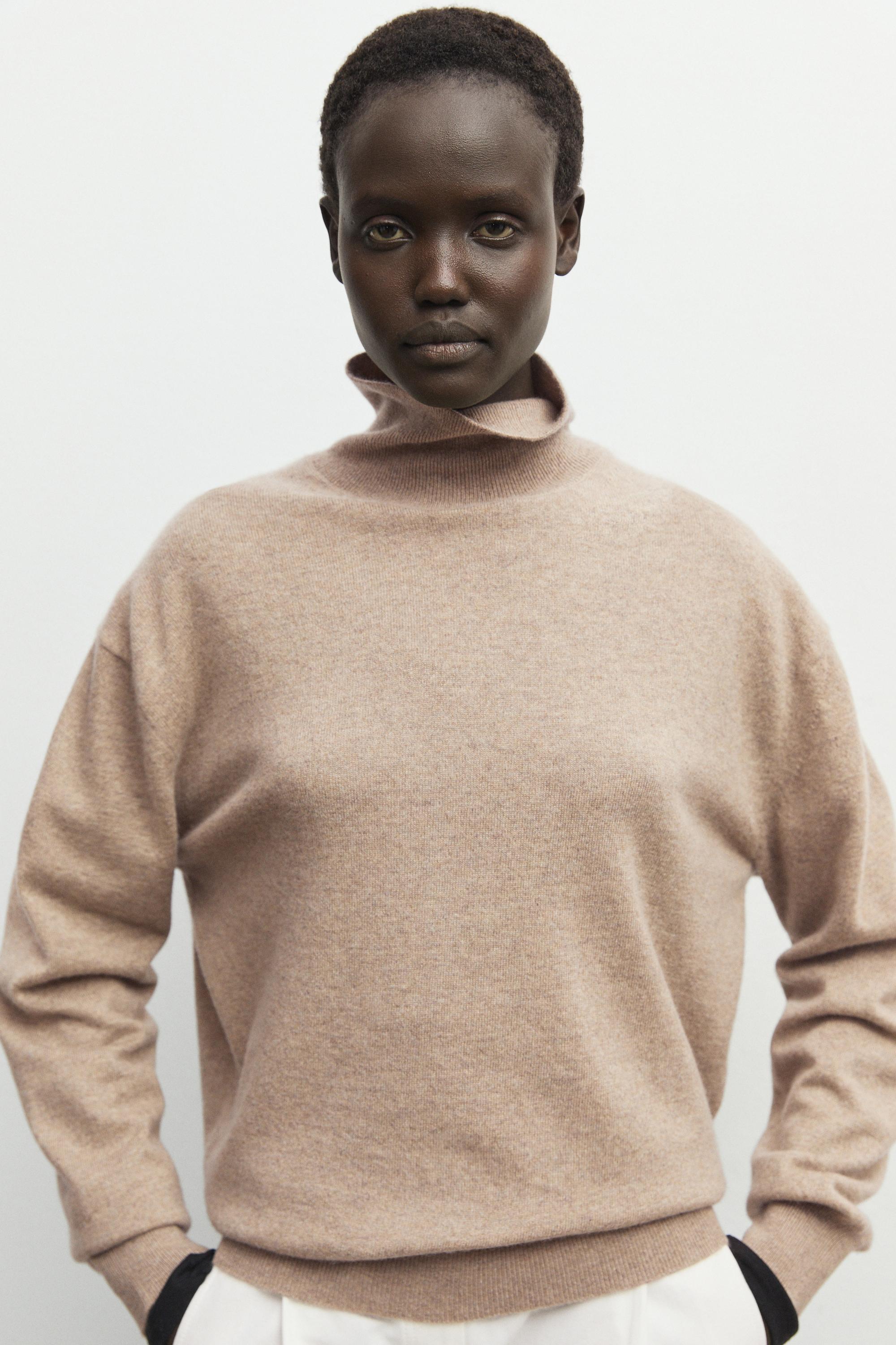 100% cashmere high neck knit sweater - BEIGE