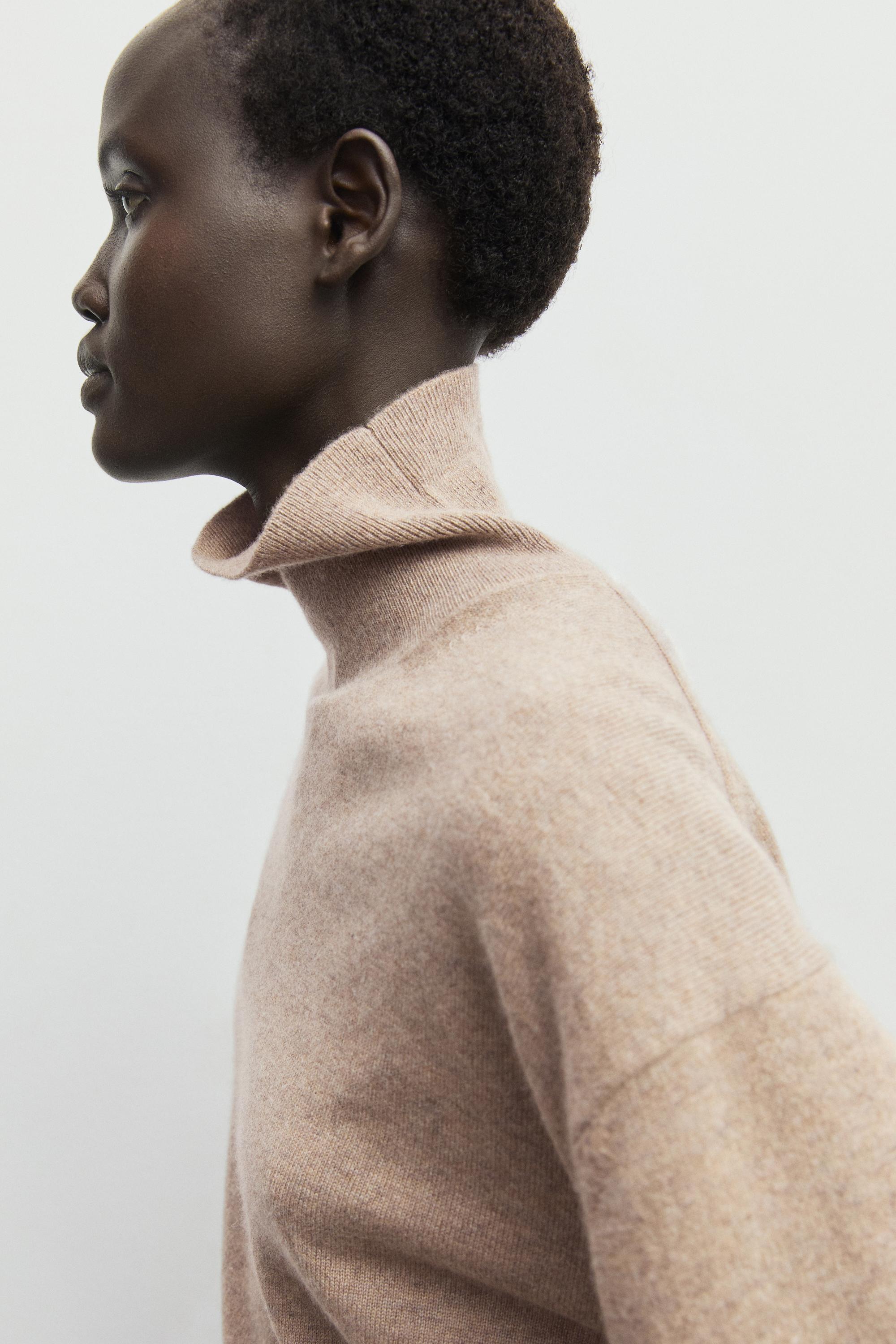 100% cashmere high neck knit sweater - BEIGE
