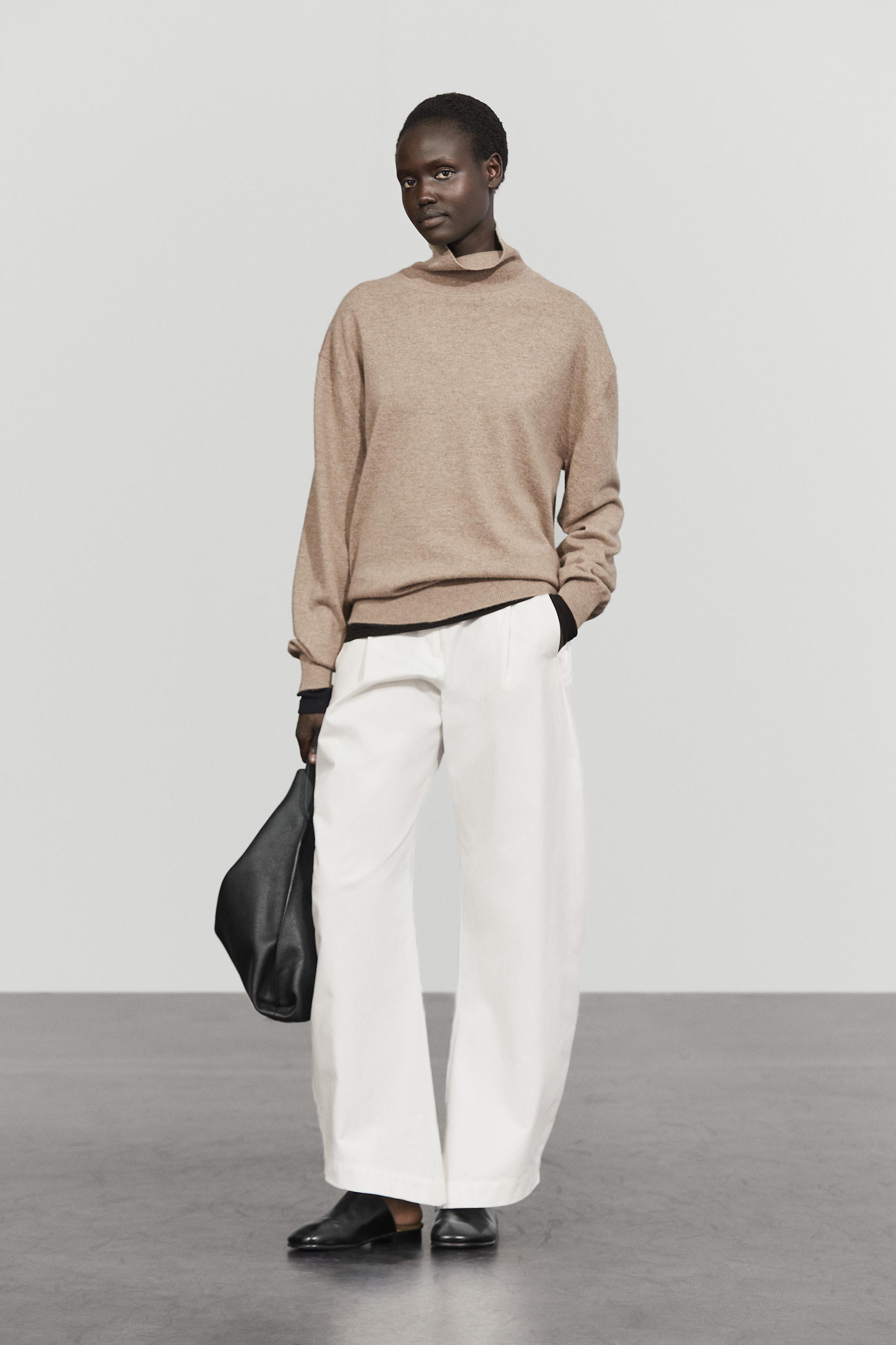 100% cashmere high neck knit sweater - BEIGE