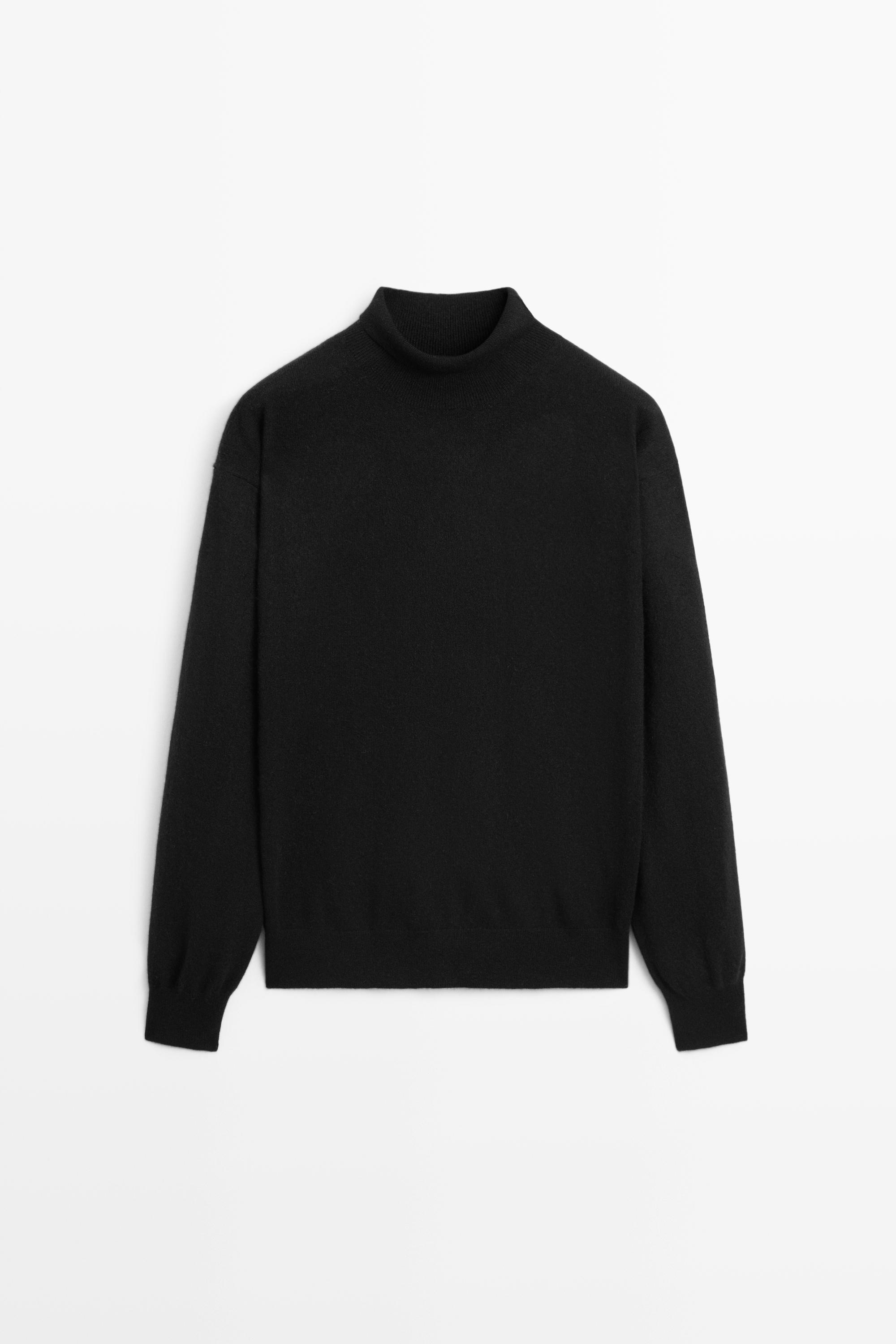 100% cashmere high neck knit sweater - BLACK