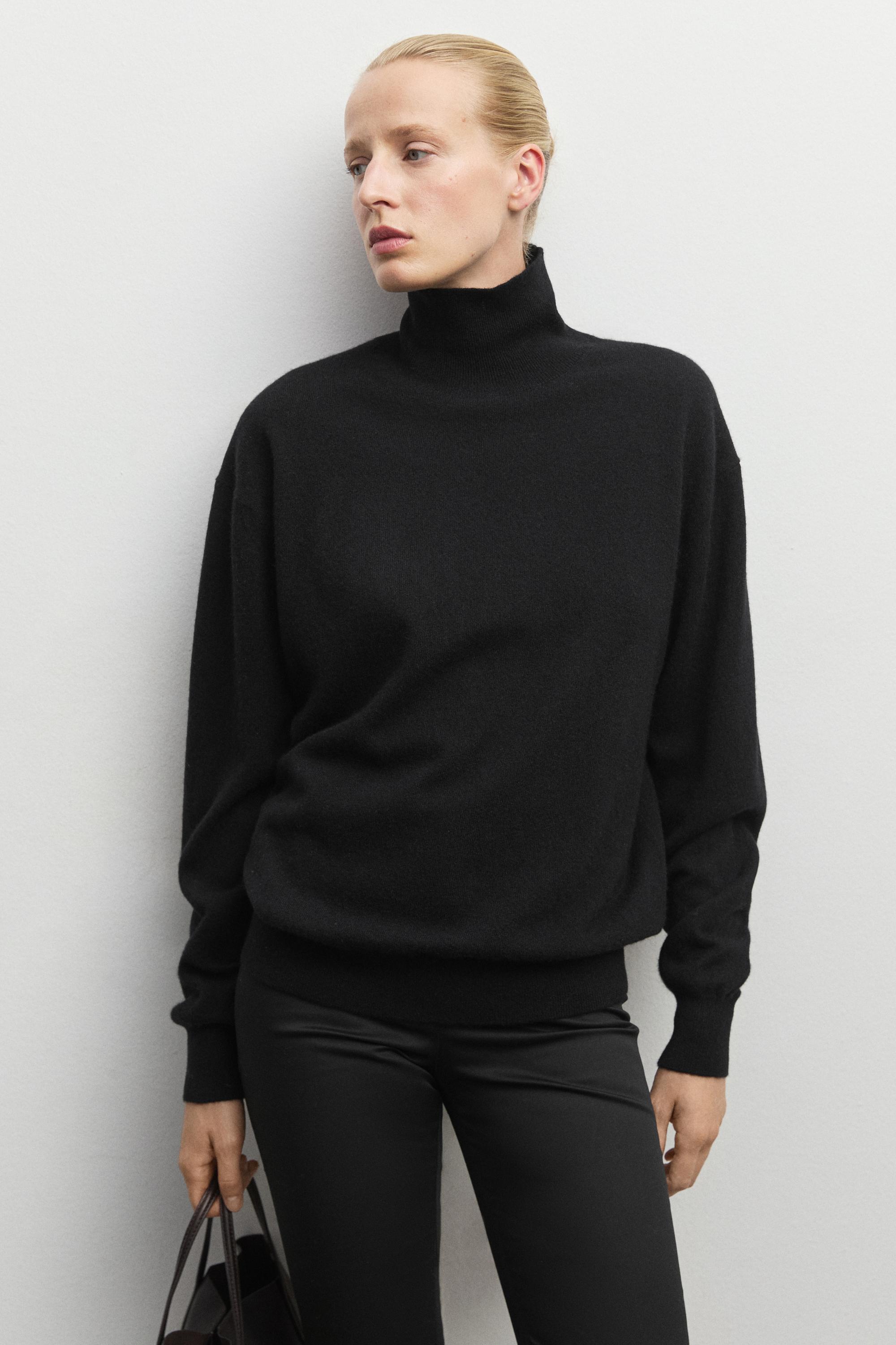 100% cashmere high neck knit sweater - BLACK
