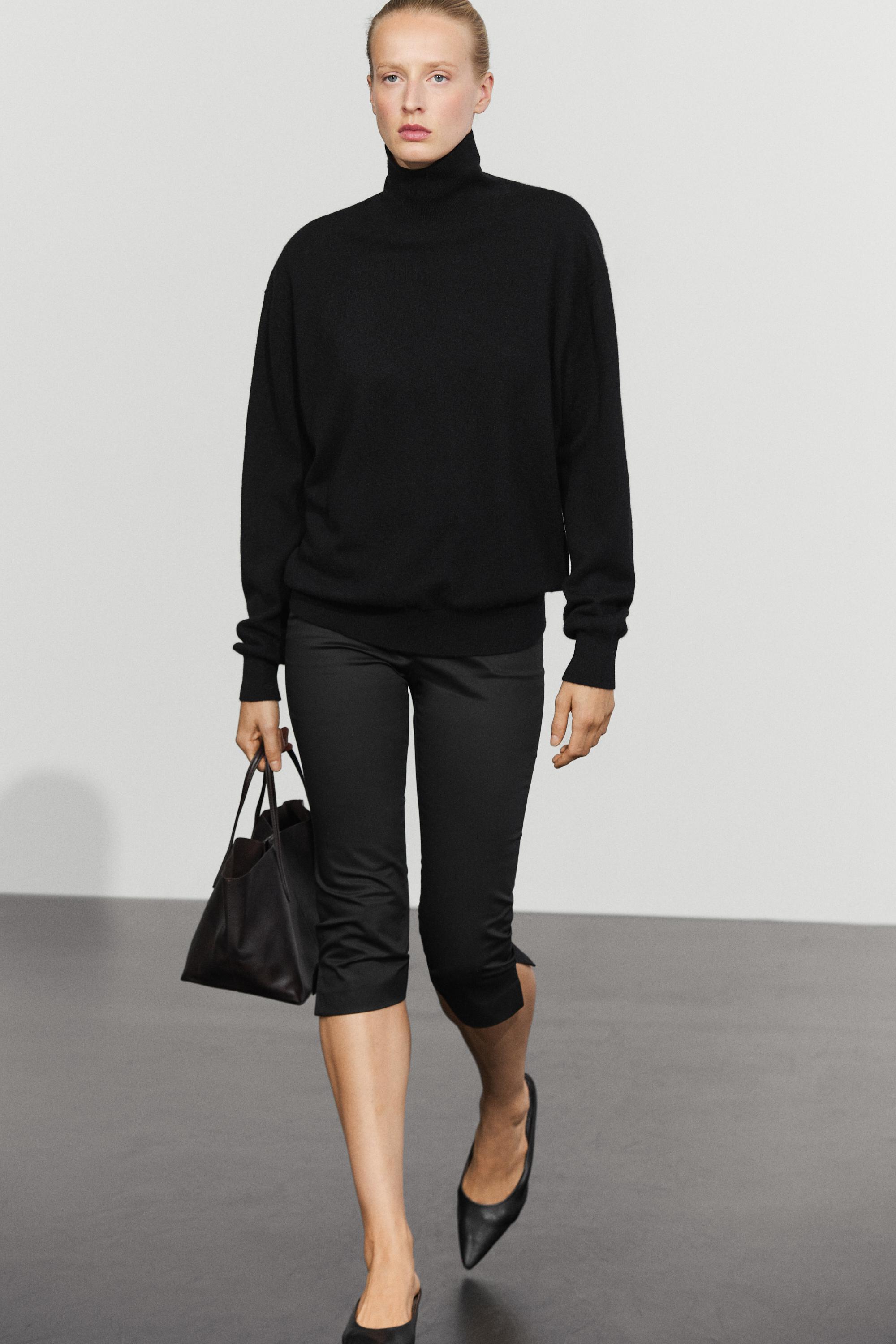 100% cashmere high neck knit sweater - BLACK