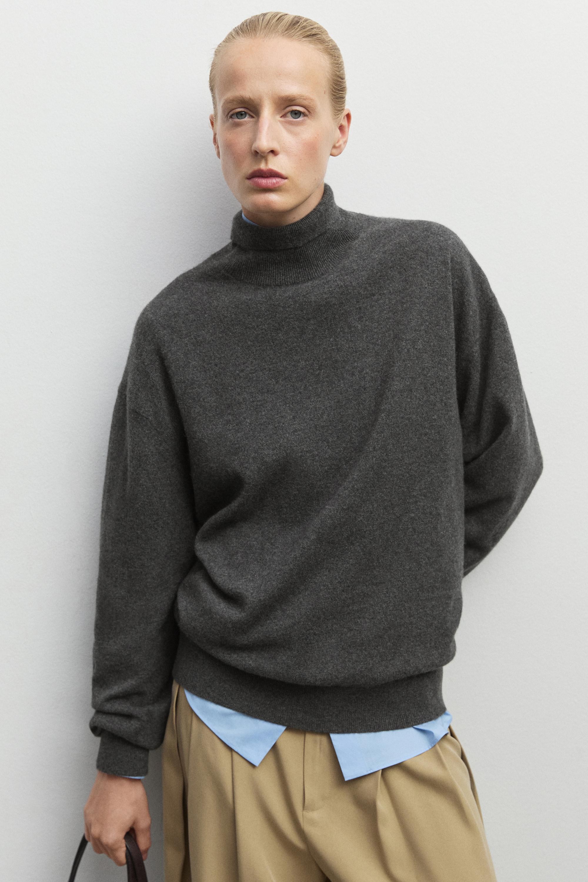 100% cashmere high neck knit sweater - ANTHRACITE GREY