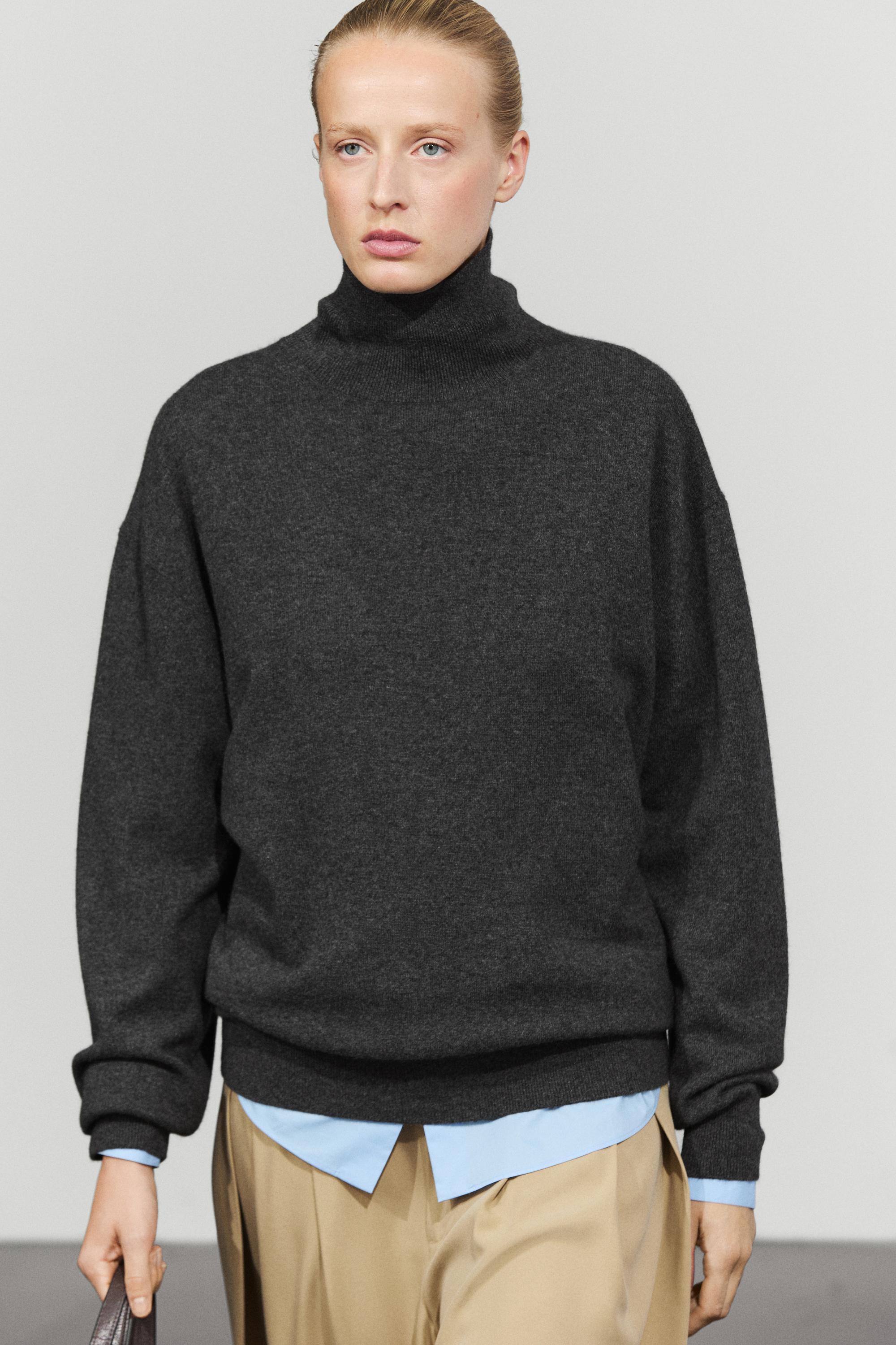100% cashmere high neck knit sweater - ANTHRACITE GREY