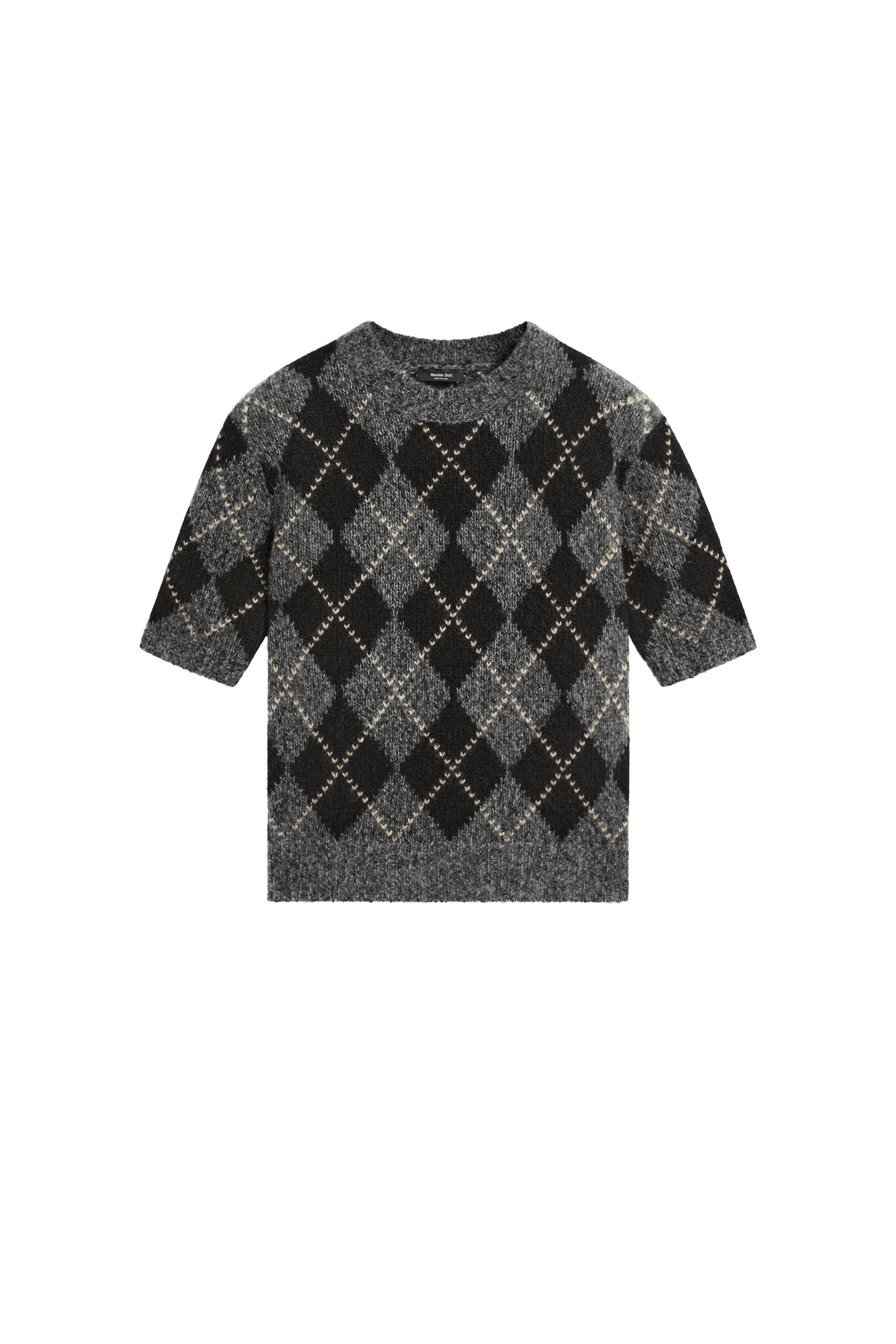 Cashmere-blend short sleeve argyle knit sweater - GREY