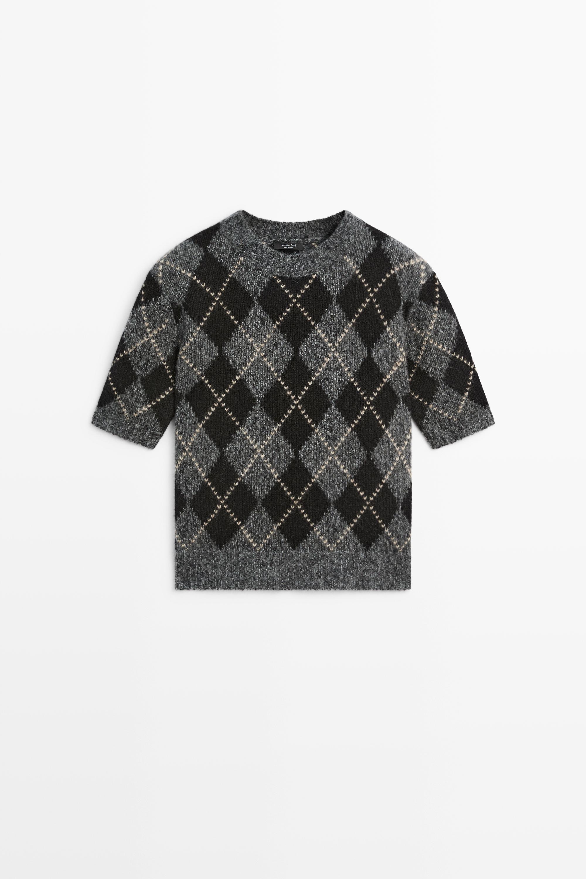 Cashmere-blend short sleeve argyle knit sweater - GREY