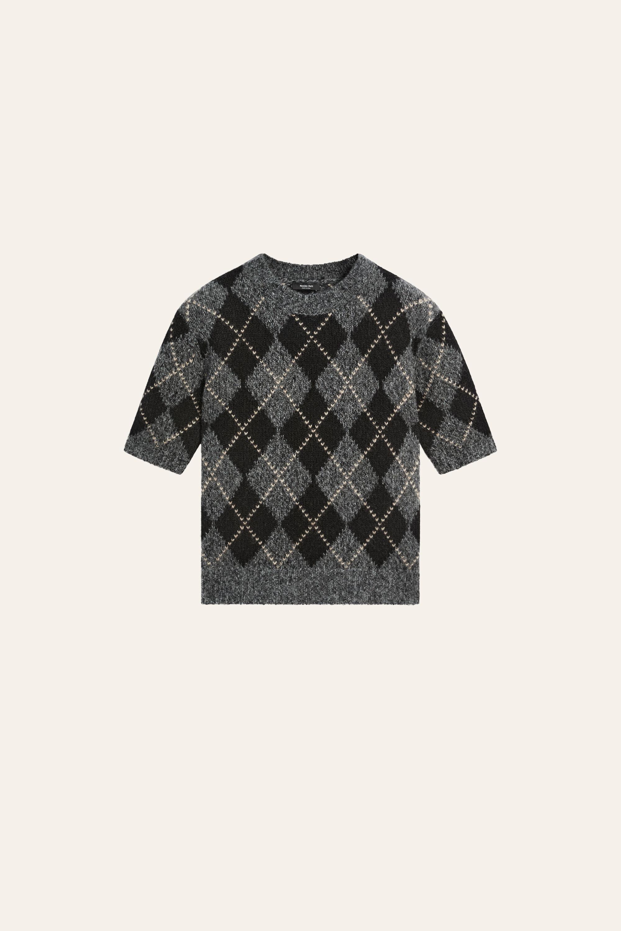 Cashmere-blend short sleeve argyle knit sweater - GREY