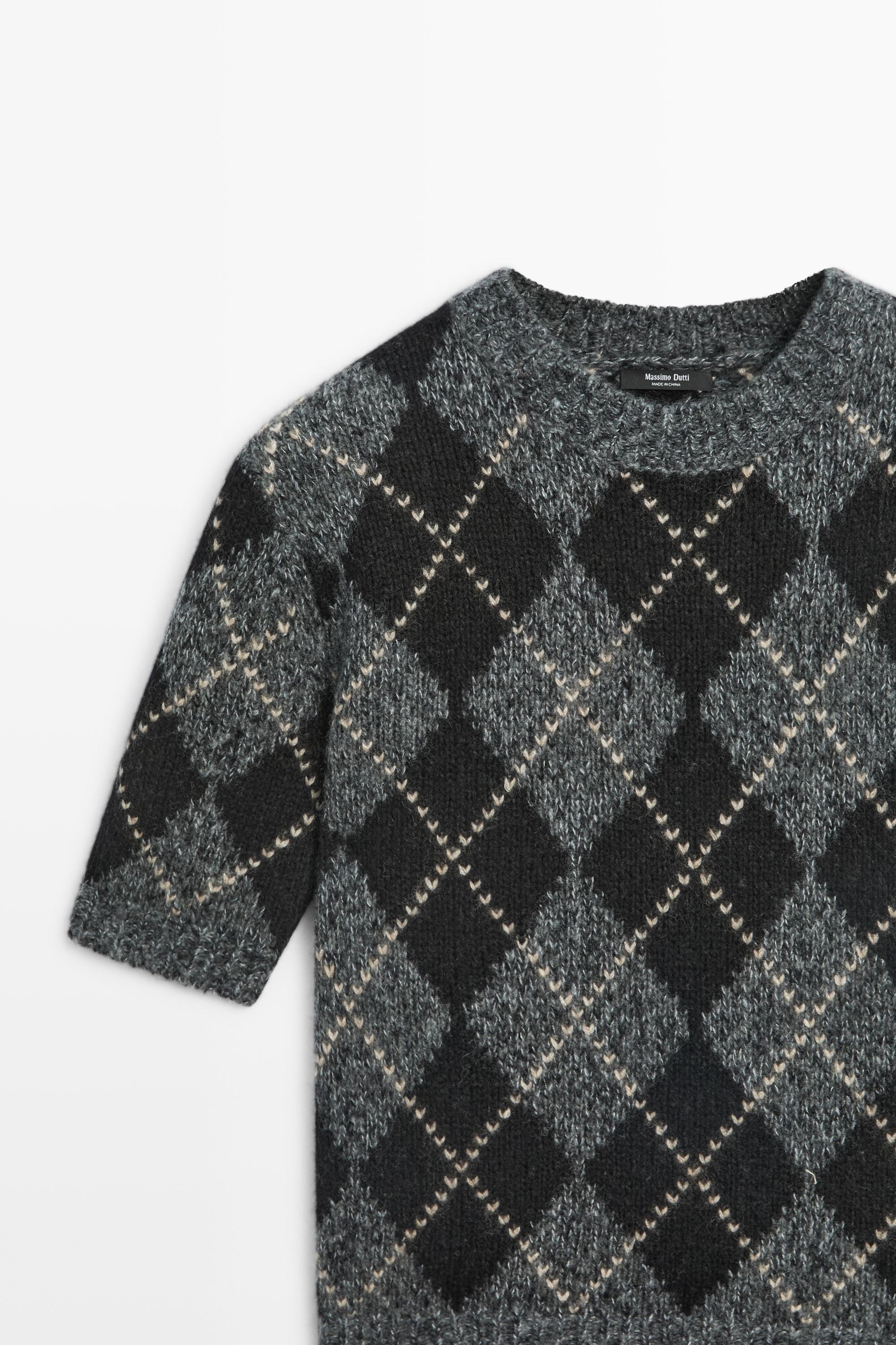 Cashmere-blend short sleeve argyle knit sweater - GREY