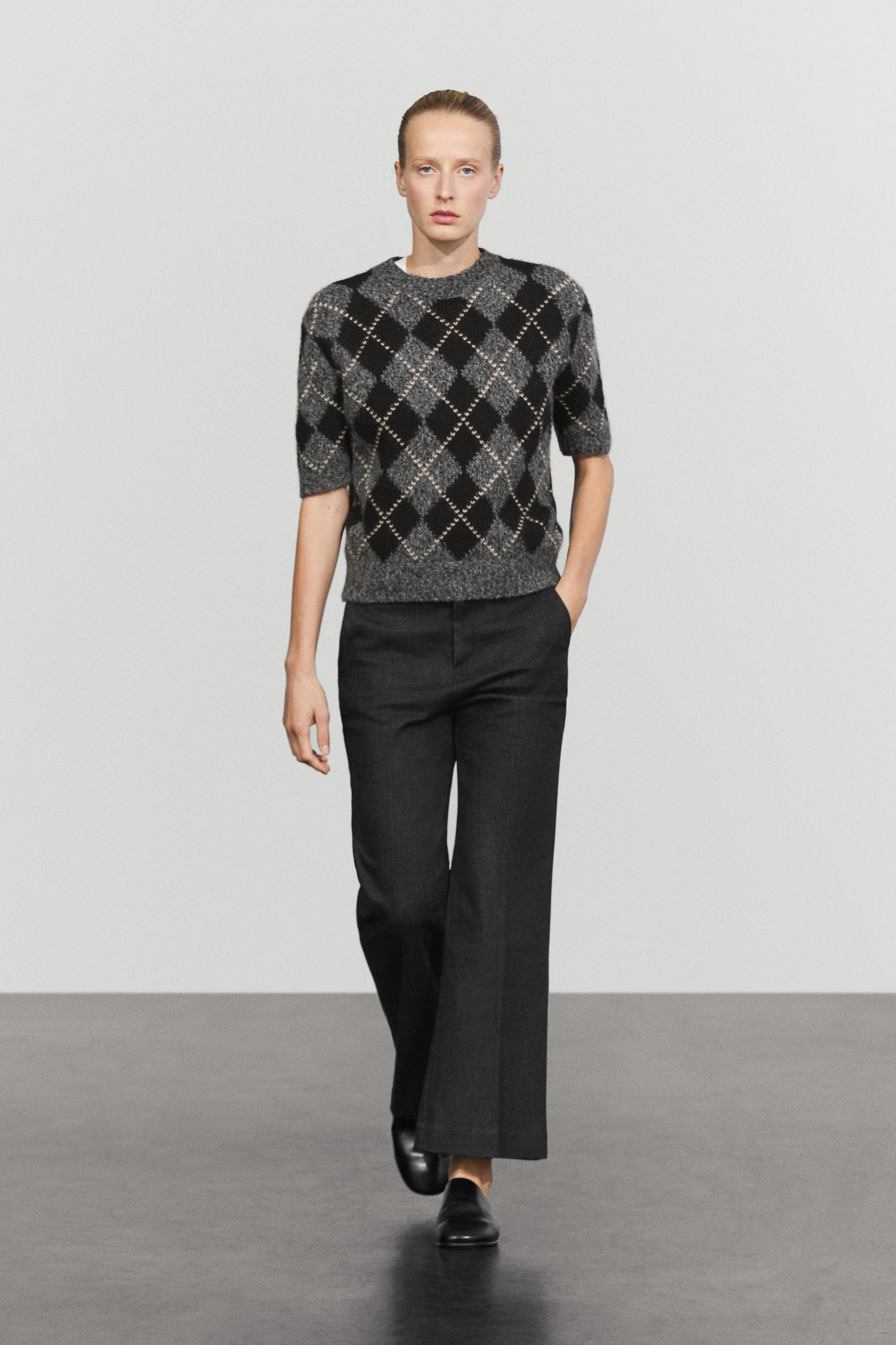 Cashmere-blend short sleeve argyle knit sweater - GREY
