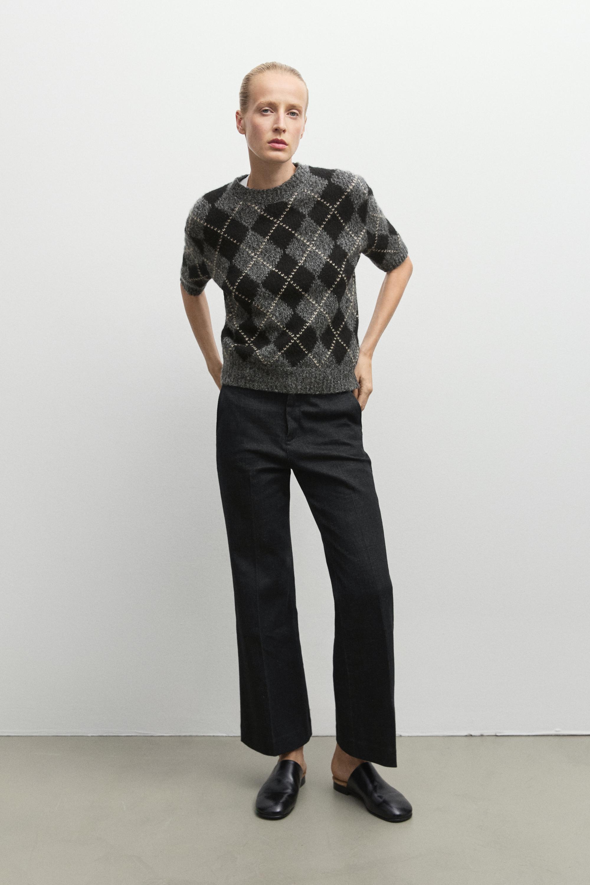Cashmere-blend short sleeve argyle knit sweater - GREY