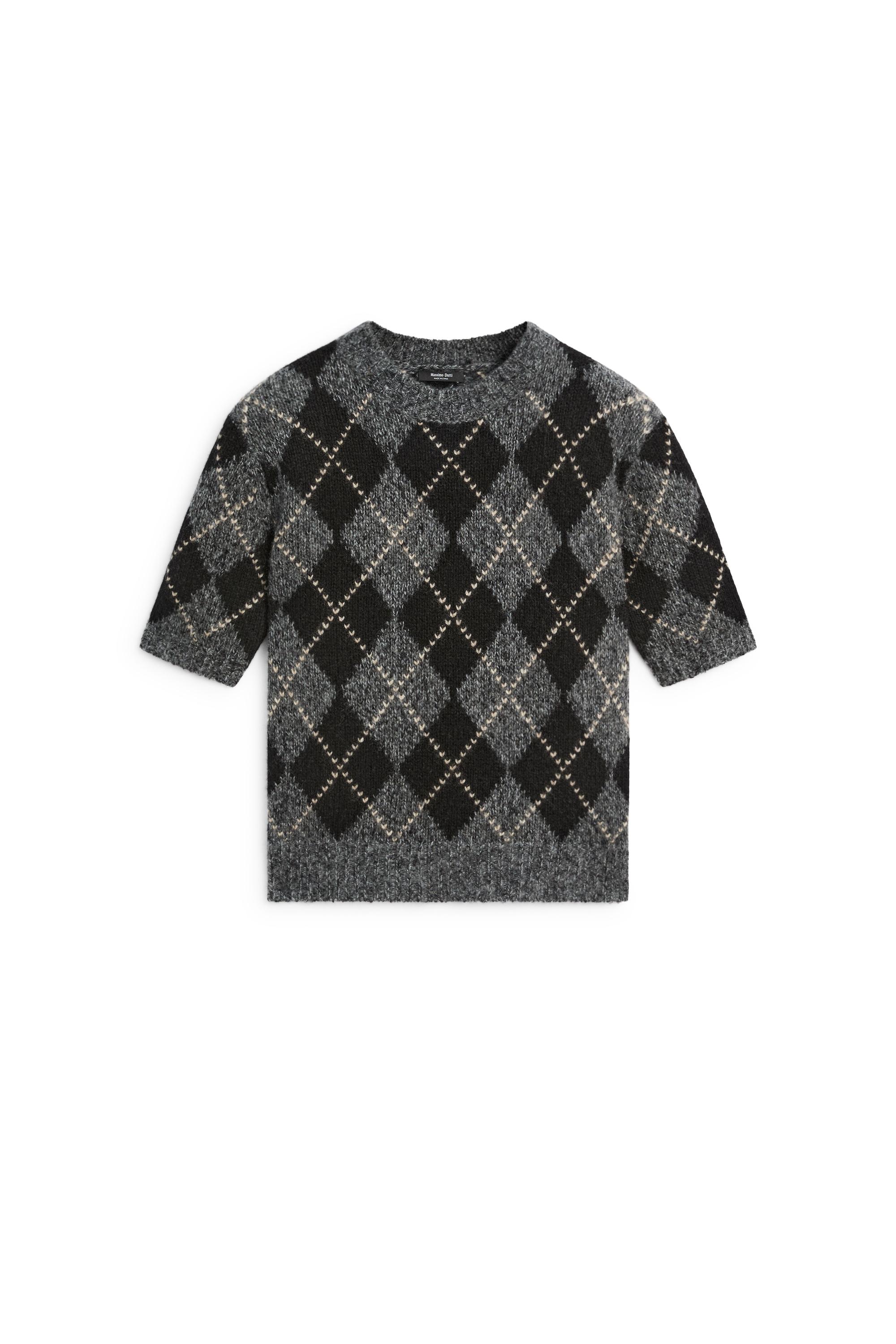Cashmere-blend short sleeve argyle knit sweater - GREY
