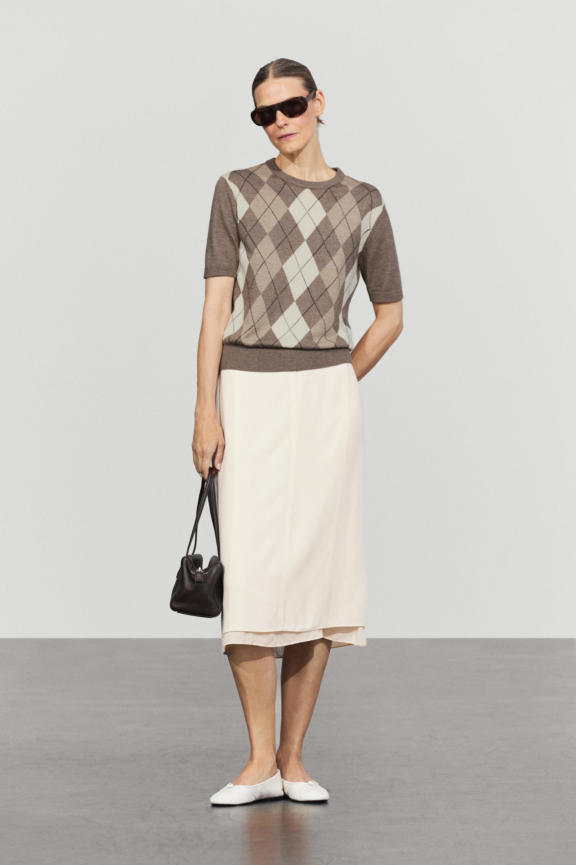 Short sleeve diamond-pattern sweater - TAUPE GREY