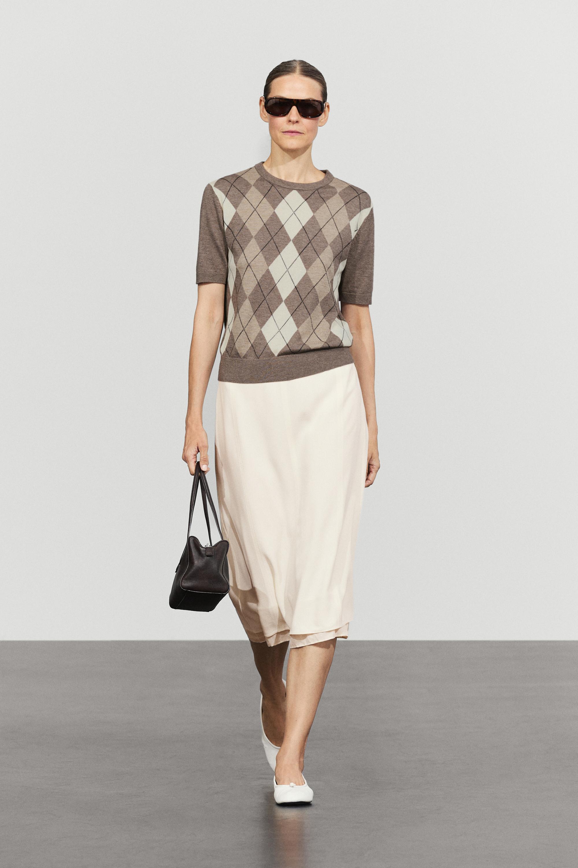 Short sleeve diamond-pattern sweater - TAUPE GREY