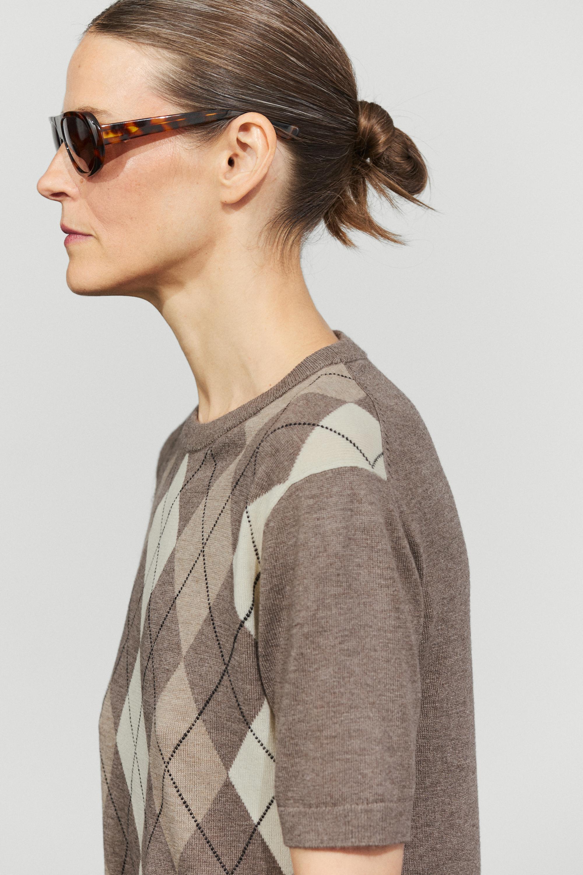Short sleeve diamond-pattern sweater - TAUPE GREY