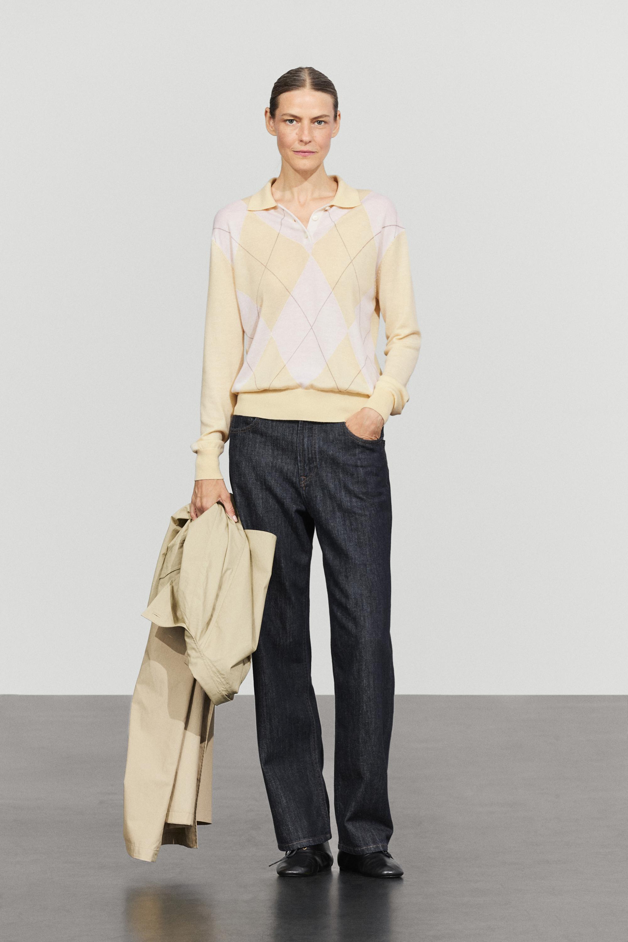 Argyle detail knit polo sweater - Vanilla
