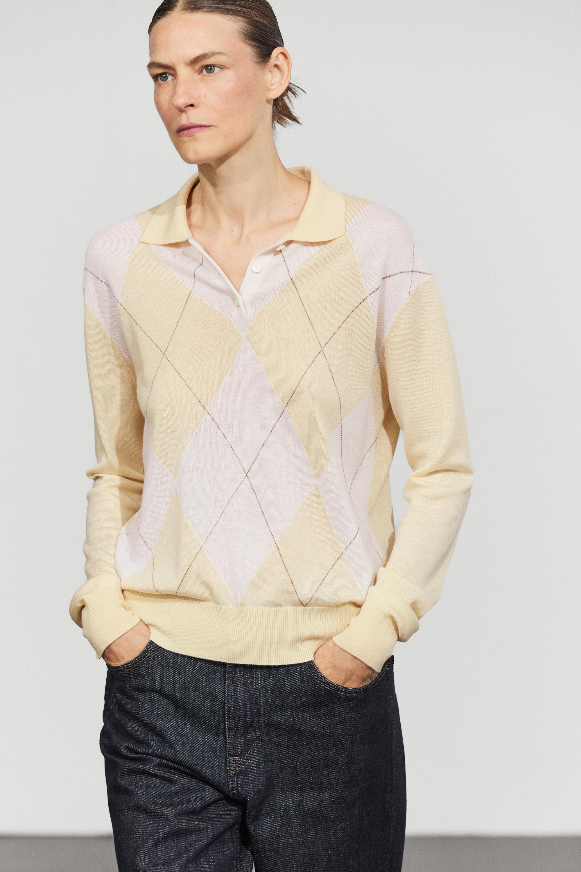 Argyle detail knit polo sweater - Vanilla