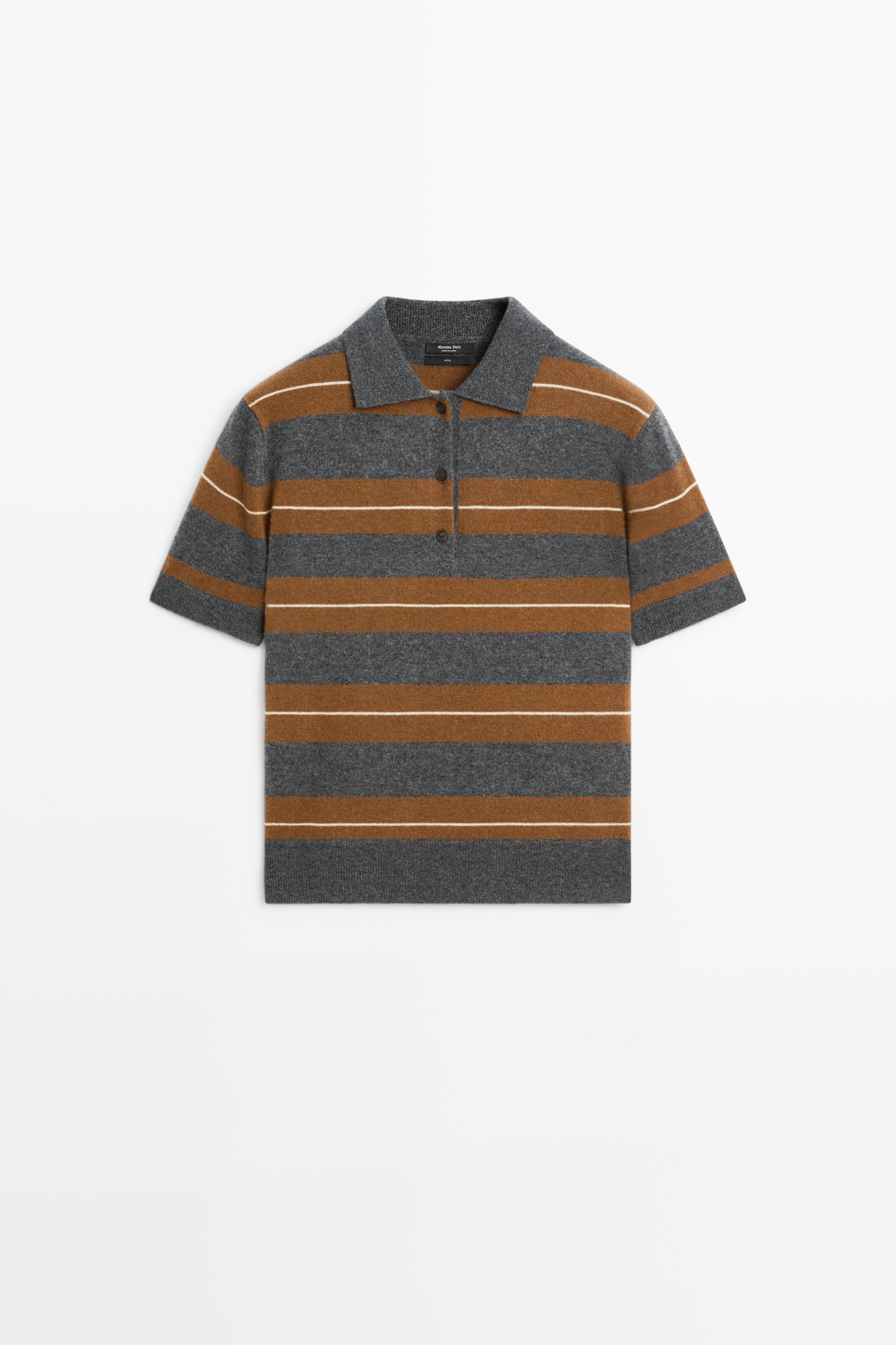Striped wool short sleeve knit polo - MEDIUM GREY