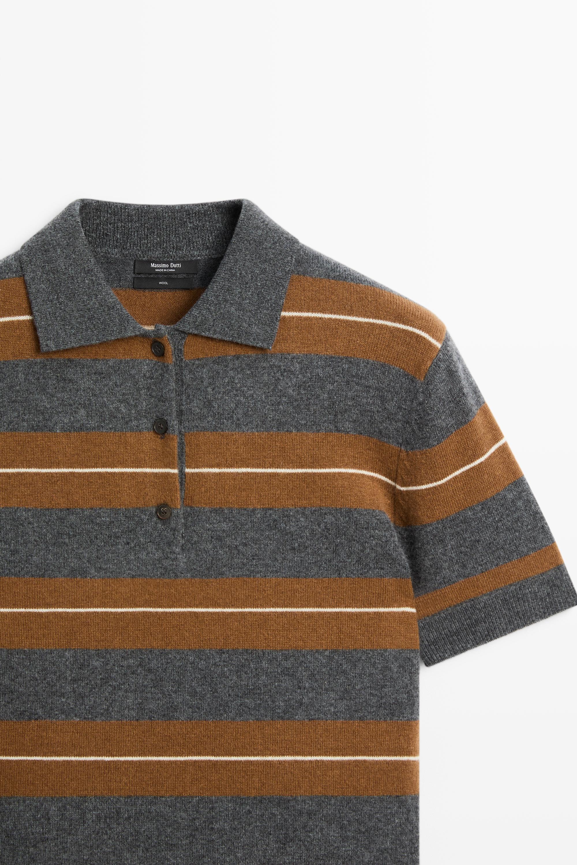 Striped wool short sleeve knit polo - MEDIUM GREY