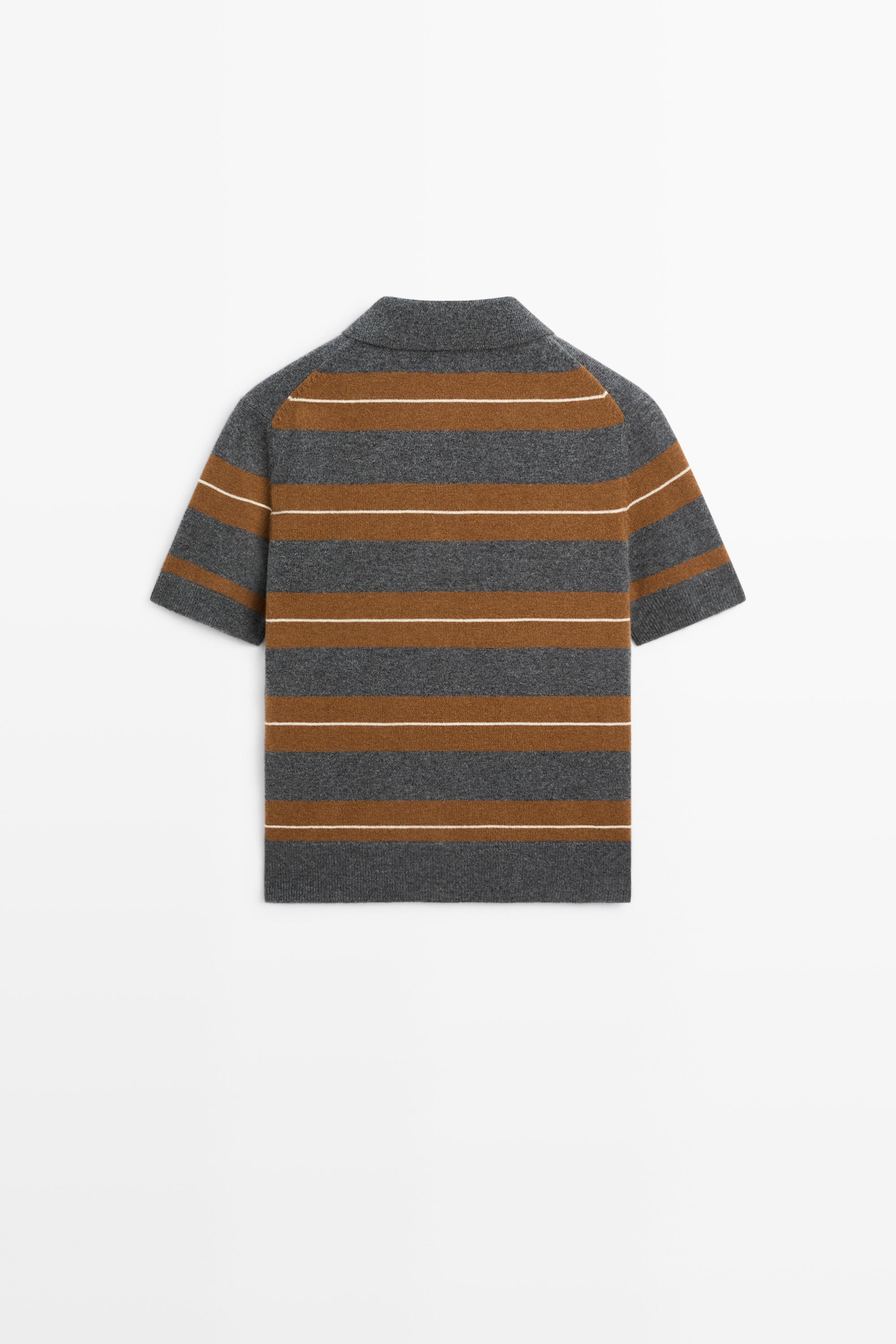Striped wool short sleeve knit polo - MEDIUM GREY