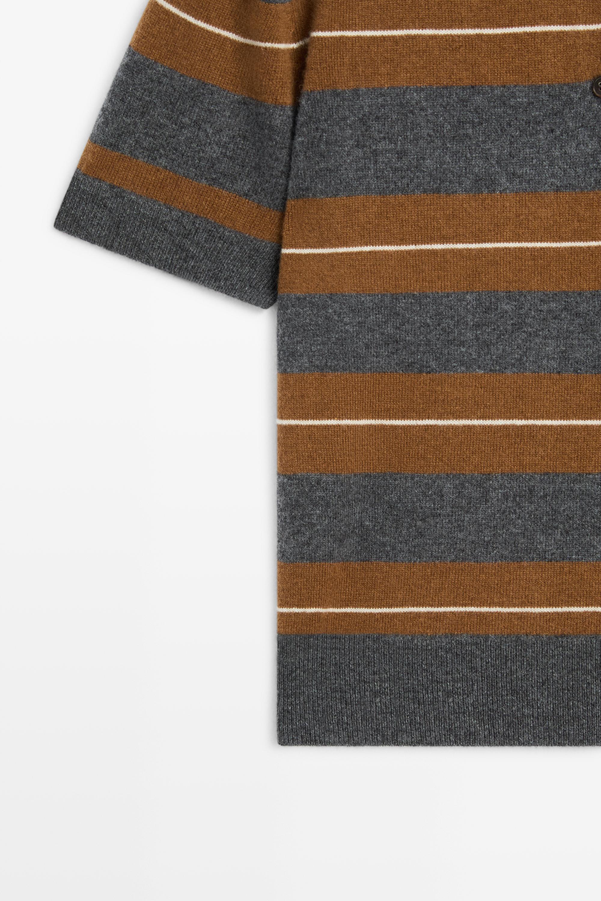 Striped wool short sleeve knit polo - MEDIUM GREY