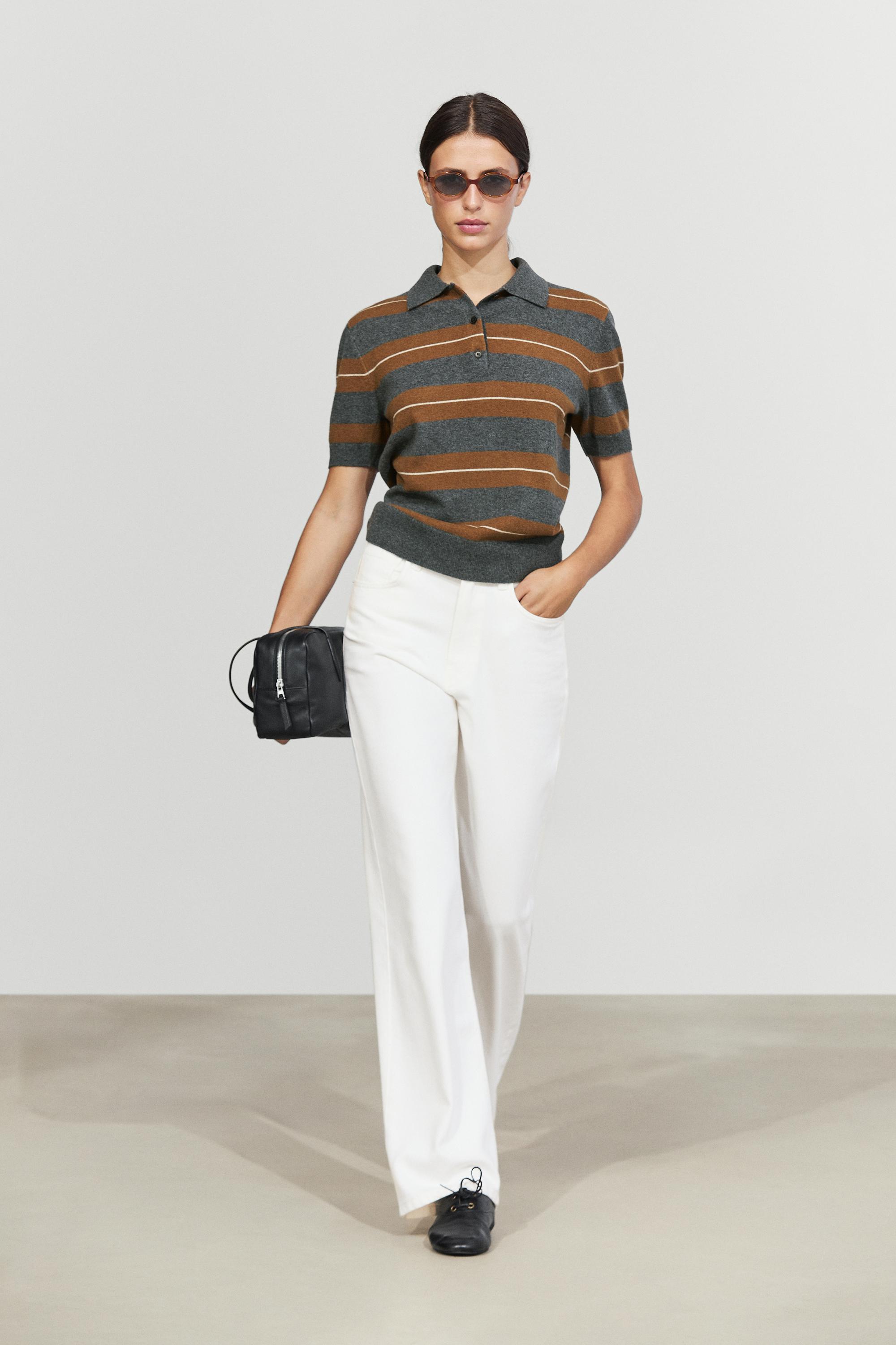 Striped wool short sleeve knit polo - MEDIUM GREY