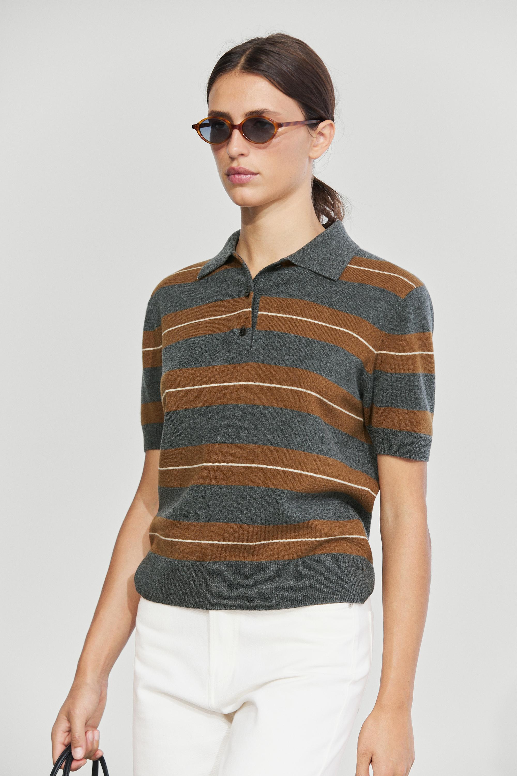 Striped wool short sleeve knit polo - MEDIUM GREY
