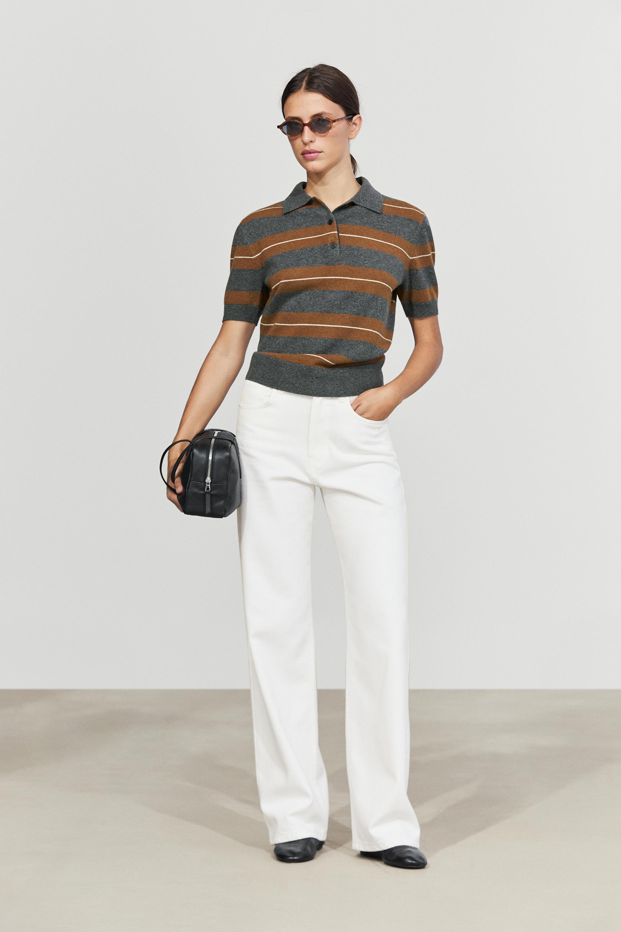 Striped wool short sleeve knit polo - MEDIUM GREY
