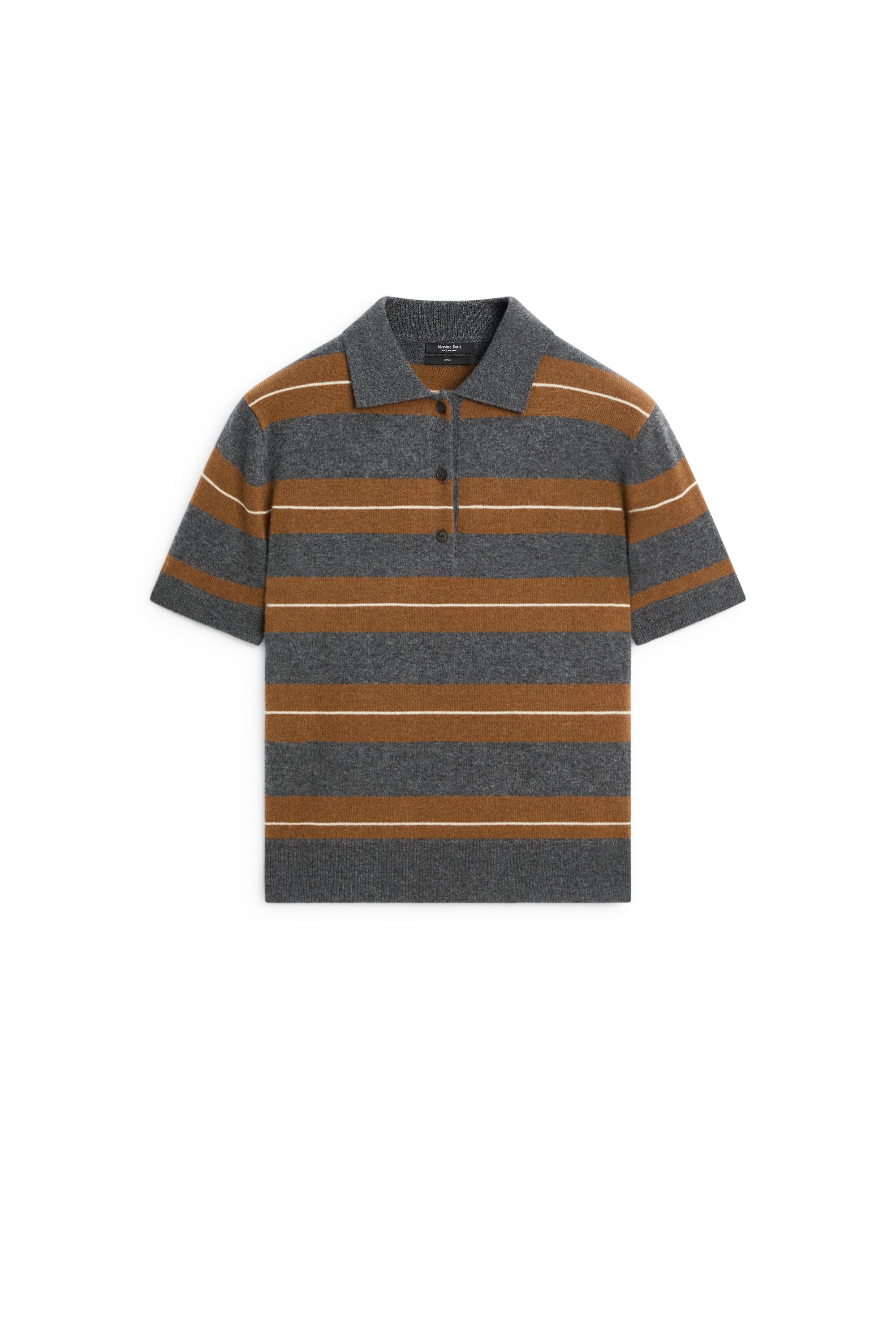 Striped wool short sleeve knit polo - MEDIUM GREY