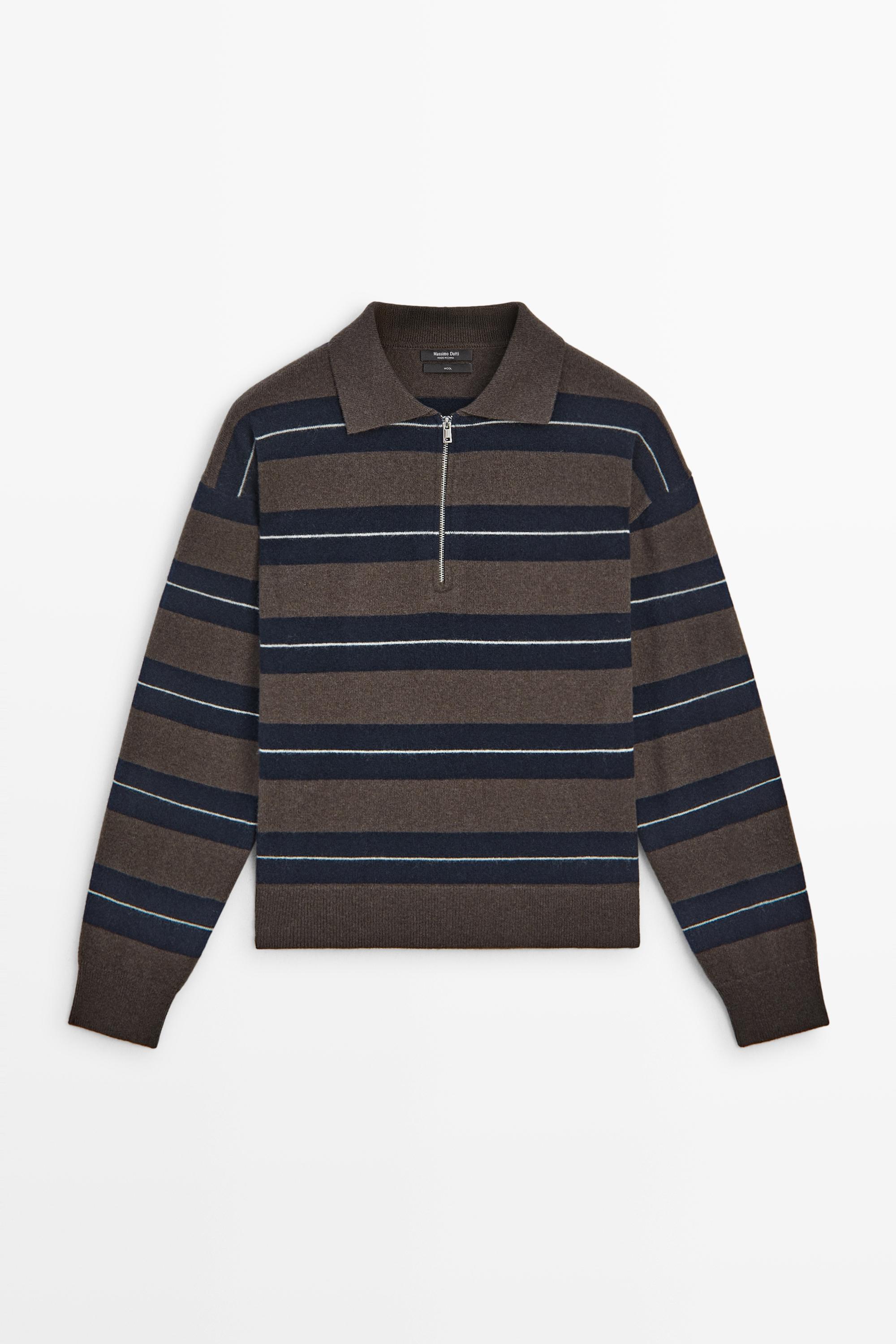 100% wool zip polo sweater - NAVY BLUE