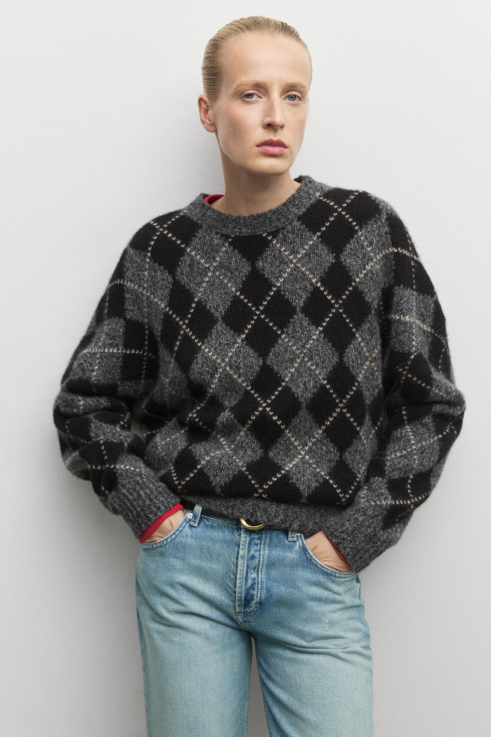 Argyle knit sweater with cashmere - GREY