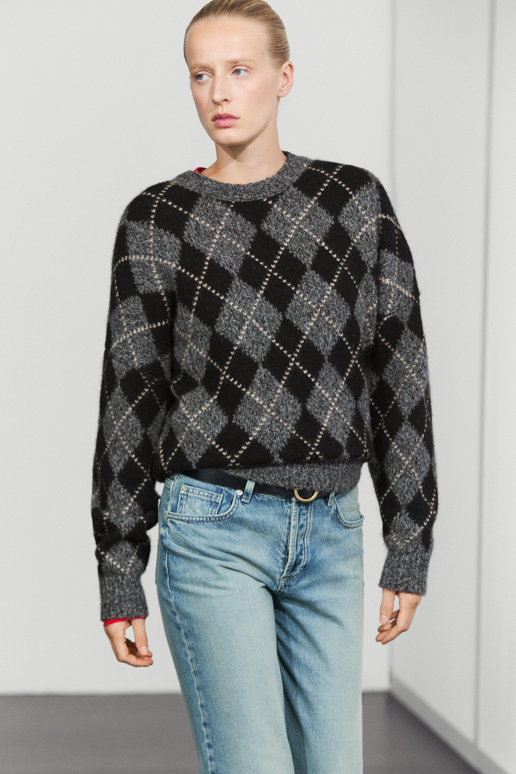 Argyle knit sweater with cashmere - GREY