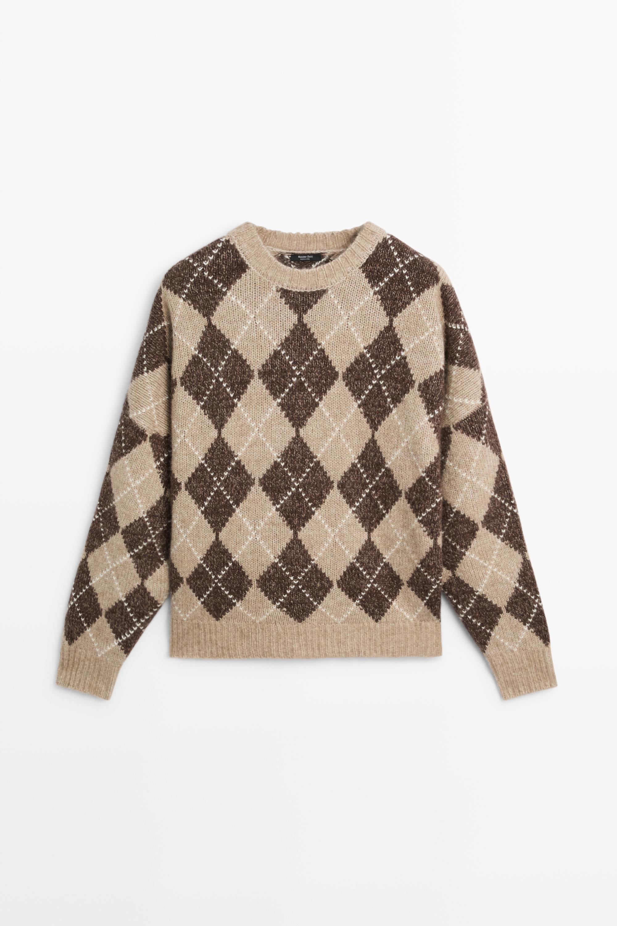 Argyle knit sweater with cashmere - BEIGE