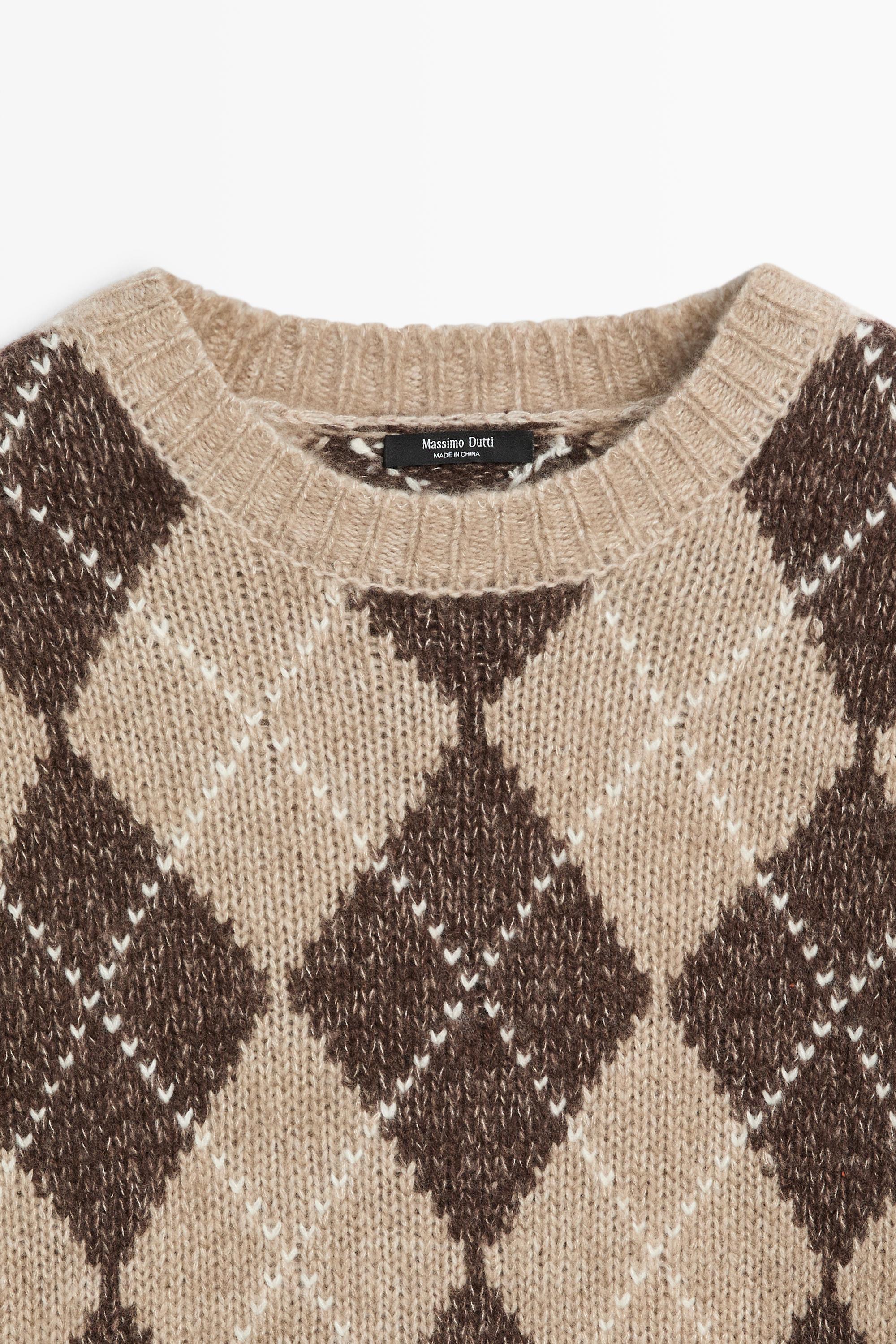 Argyle knit sweater with cashmere - BEIGE