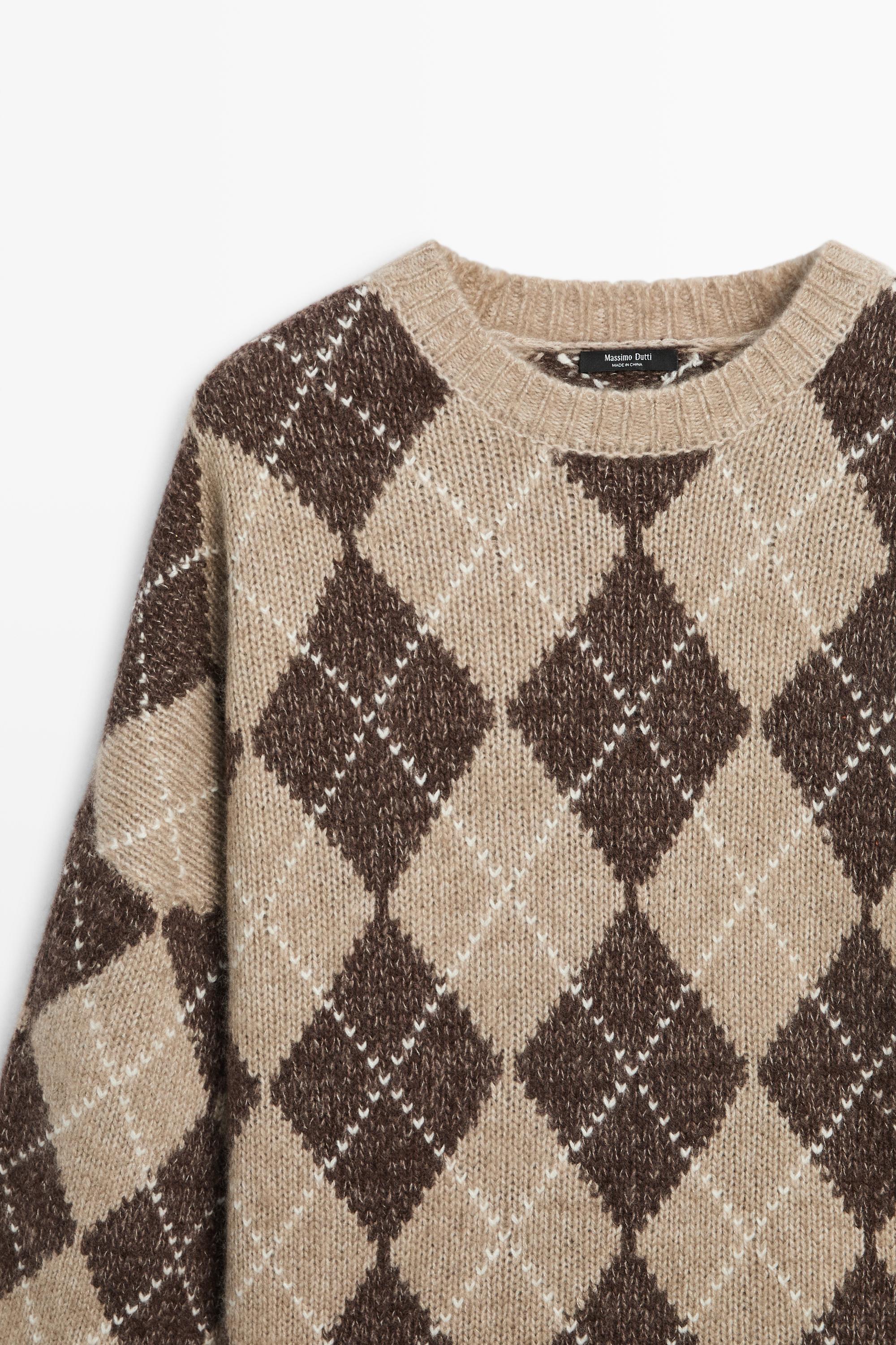 Argyle knit sweater with cashmere - BEIGE