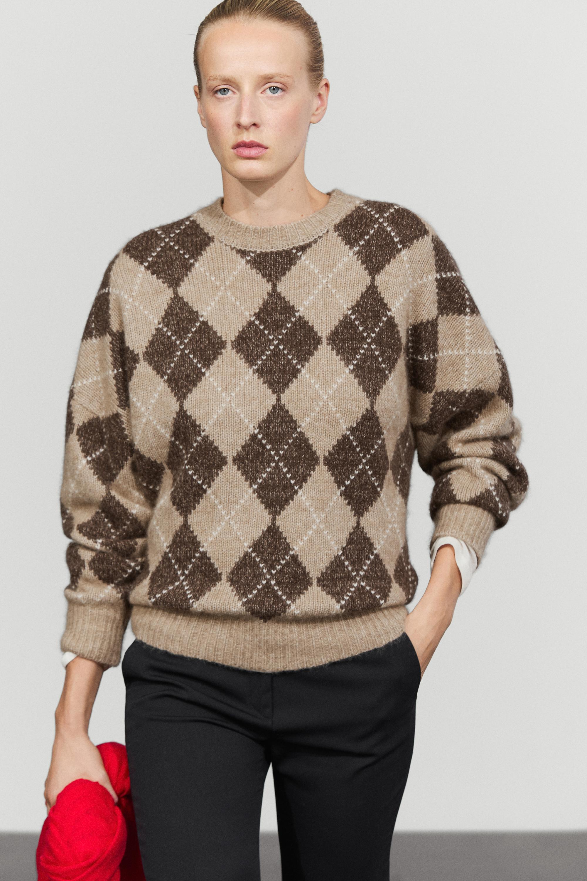 Argyle knit sweater with cashmere - BEIGE