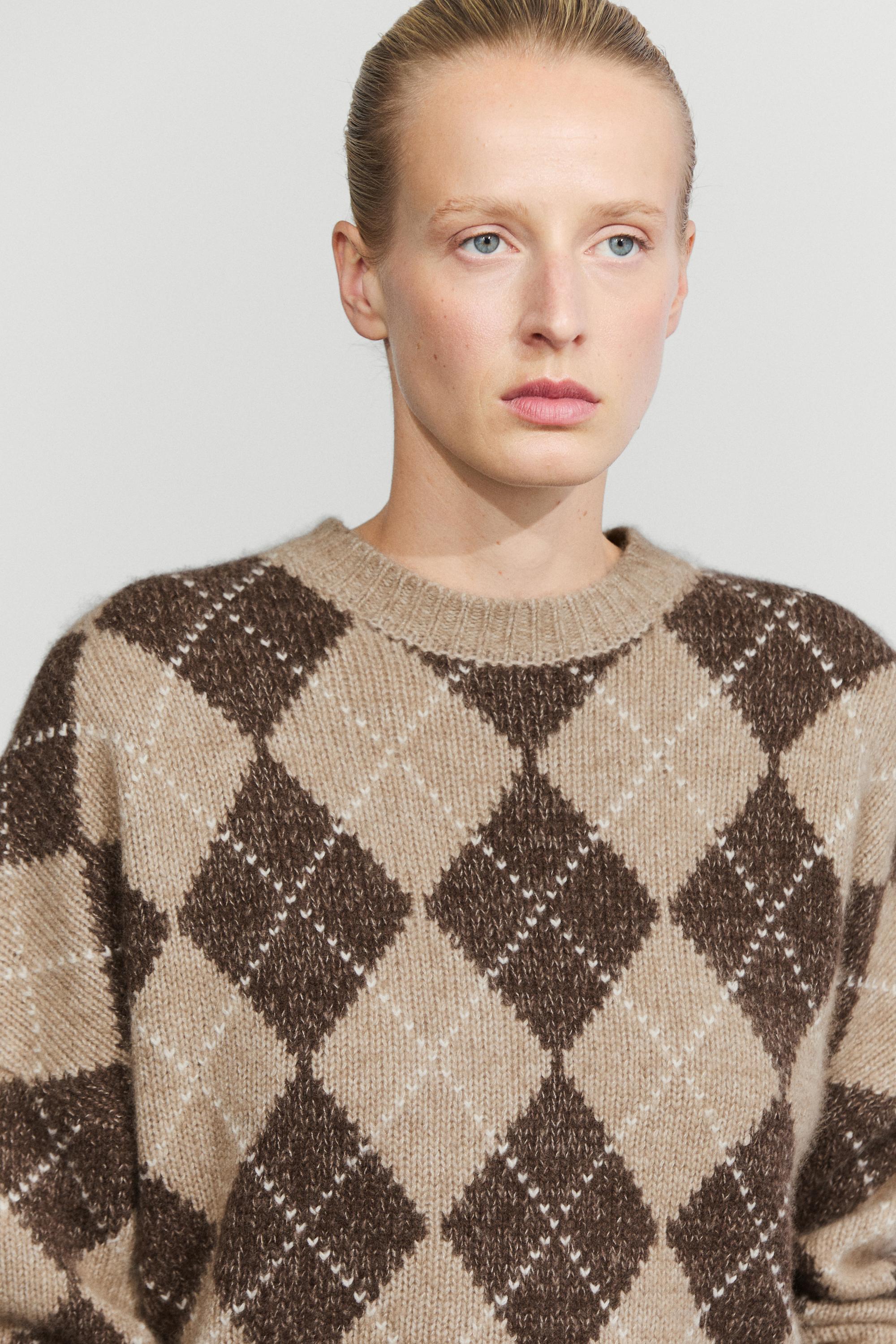 Argyle knit sweater with cashmere - BEIGE