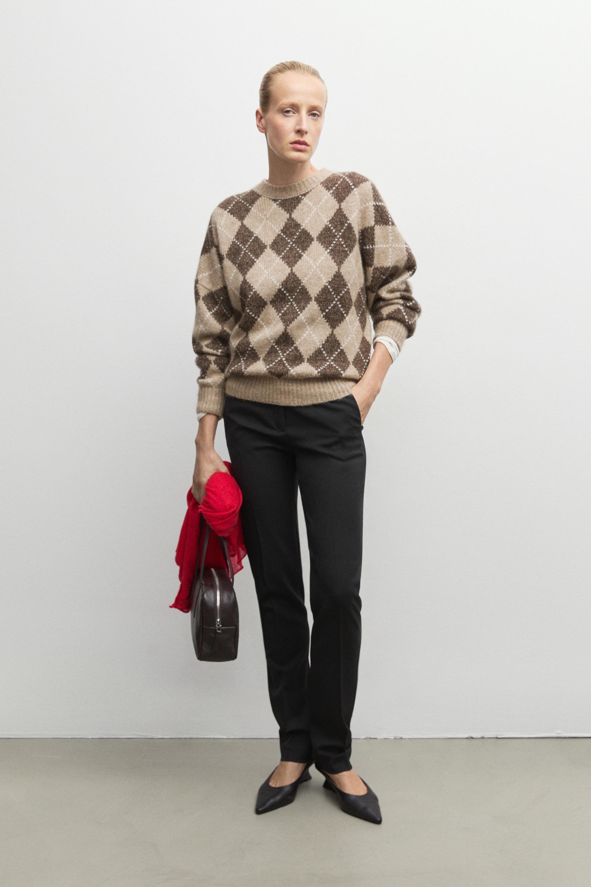 Argyle knit sweater with cashmere - BEIGE