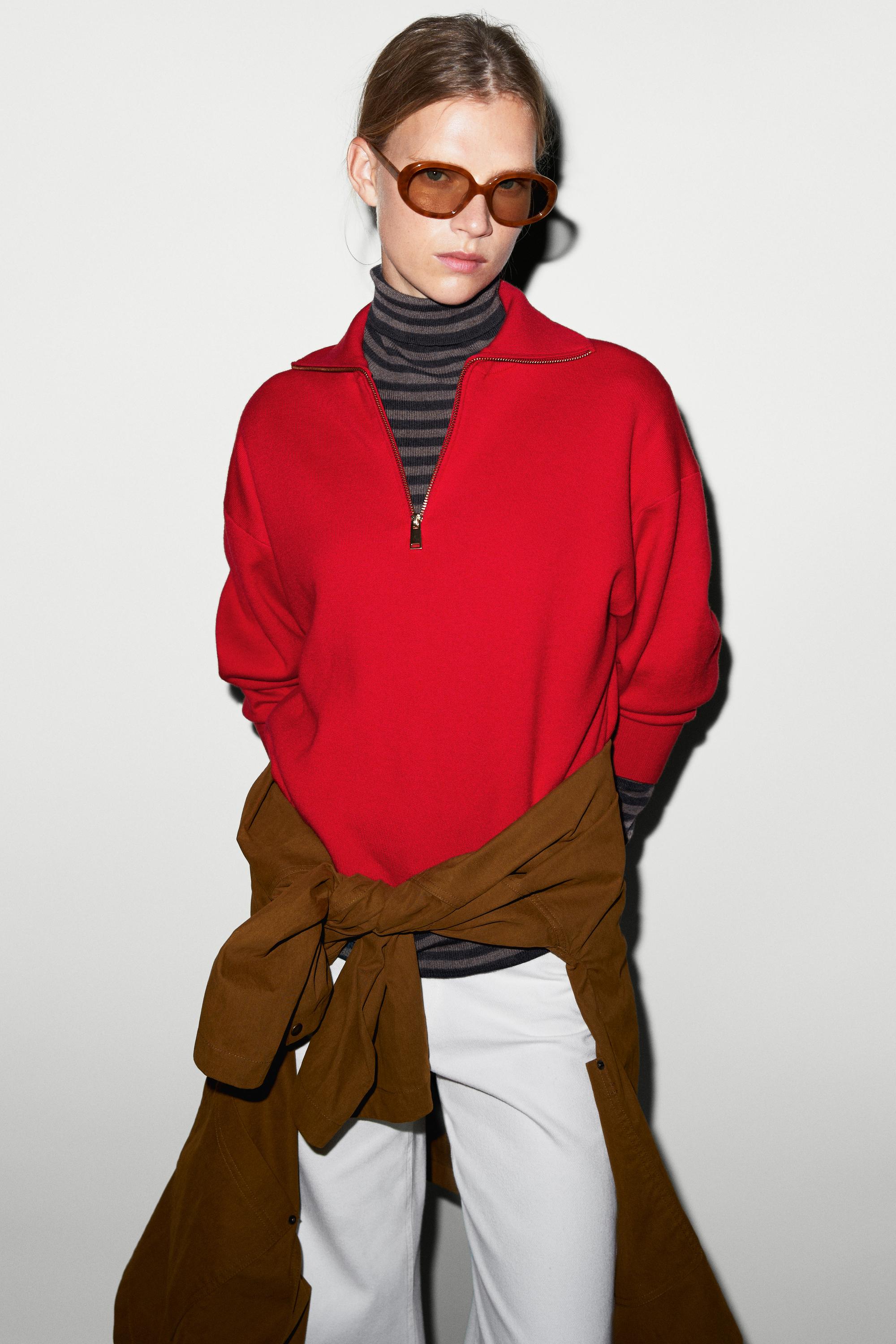 Cotton blend quarter-zip knit polo sweater - RED