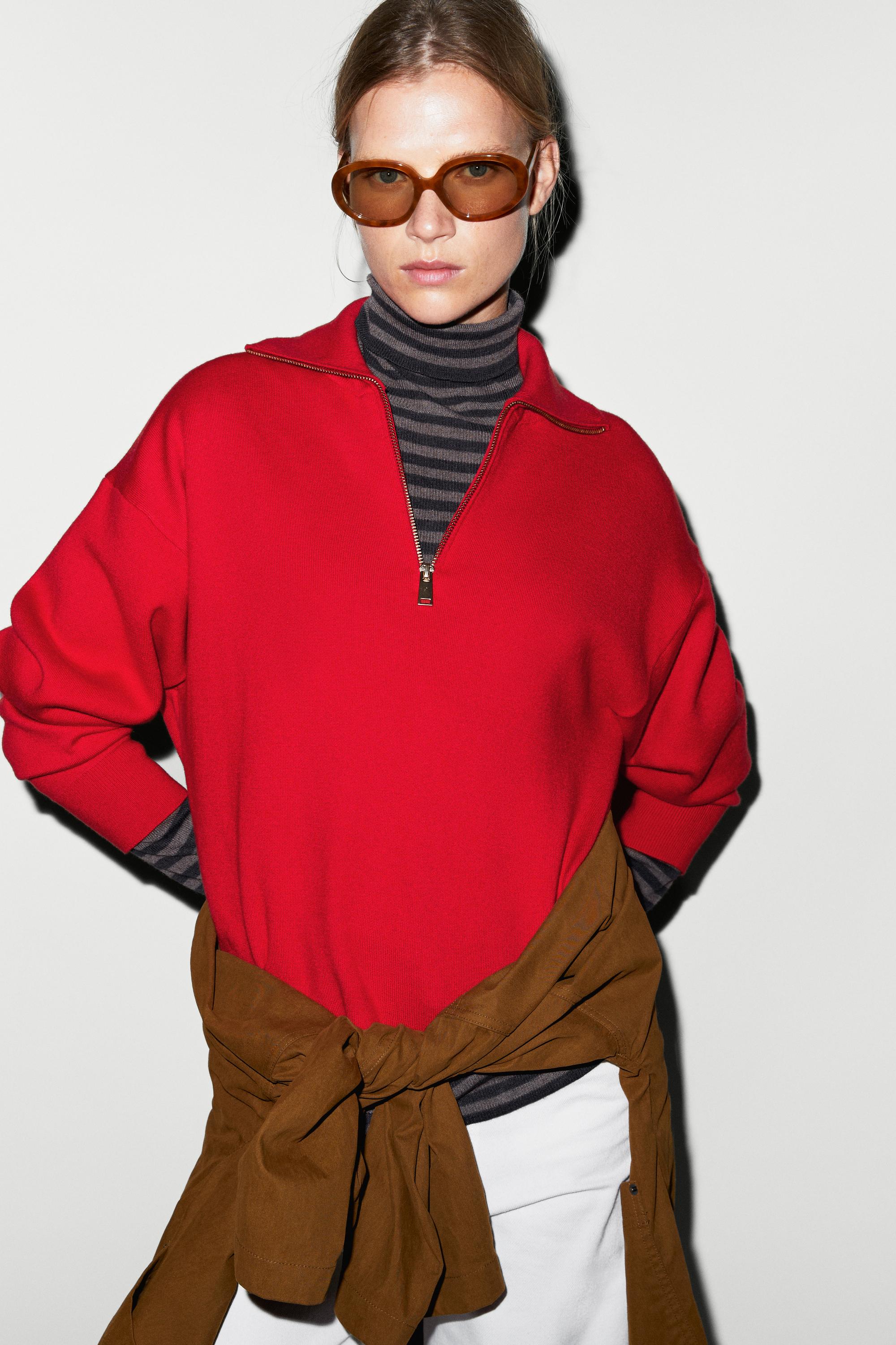 Cotton blend quarter-zip knit polo sweater - RED
