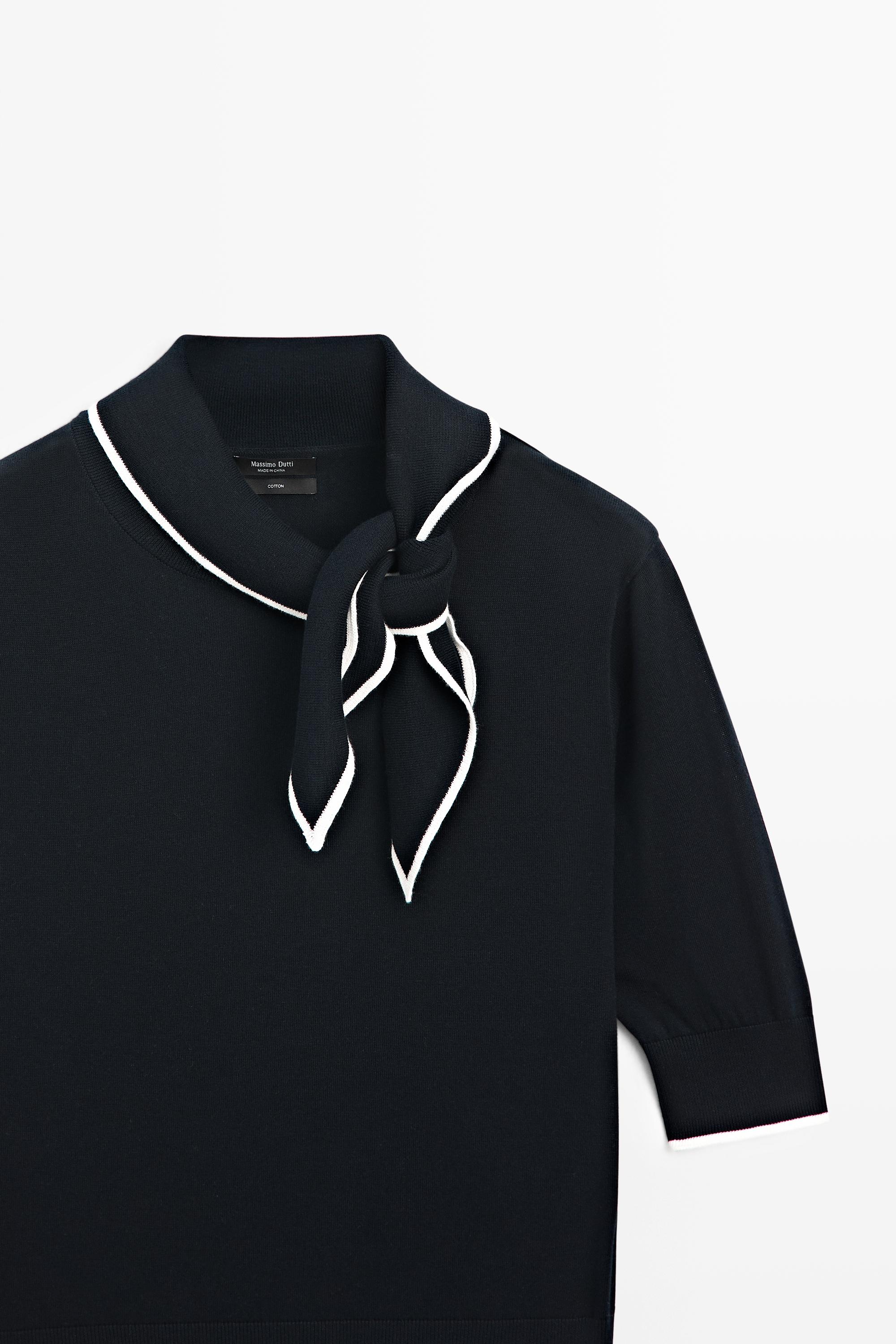 100% cotton knit sweater with scarf detail - NAVY BLUE