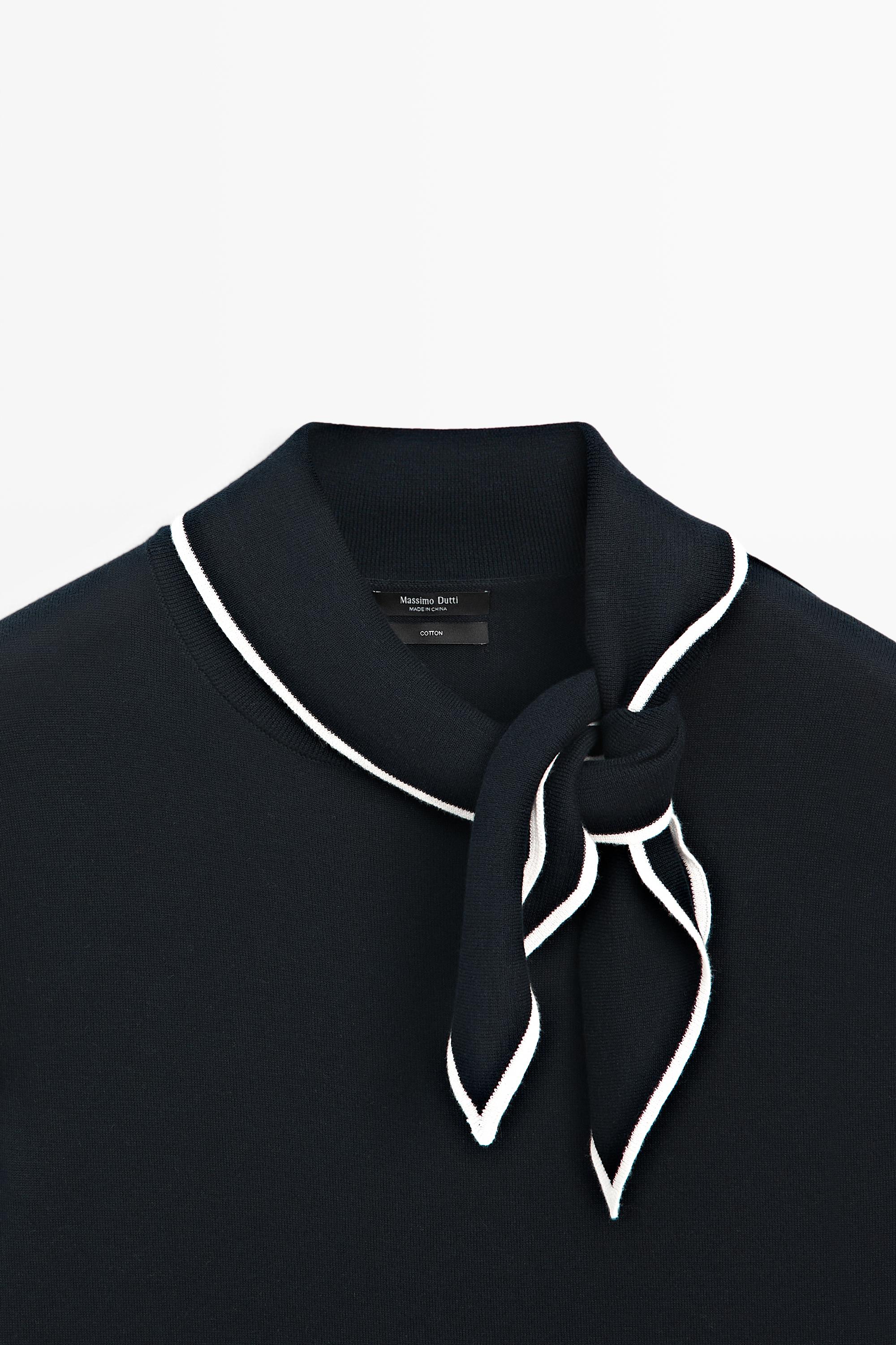 100% cotton knit sweater with scarf detail - NAVY BLUE