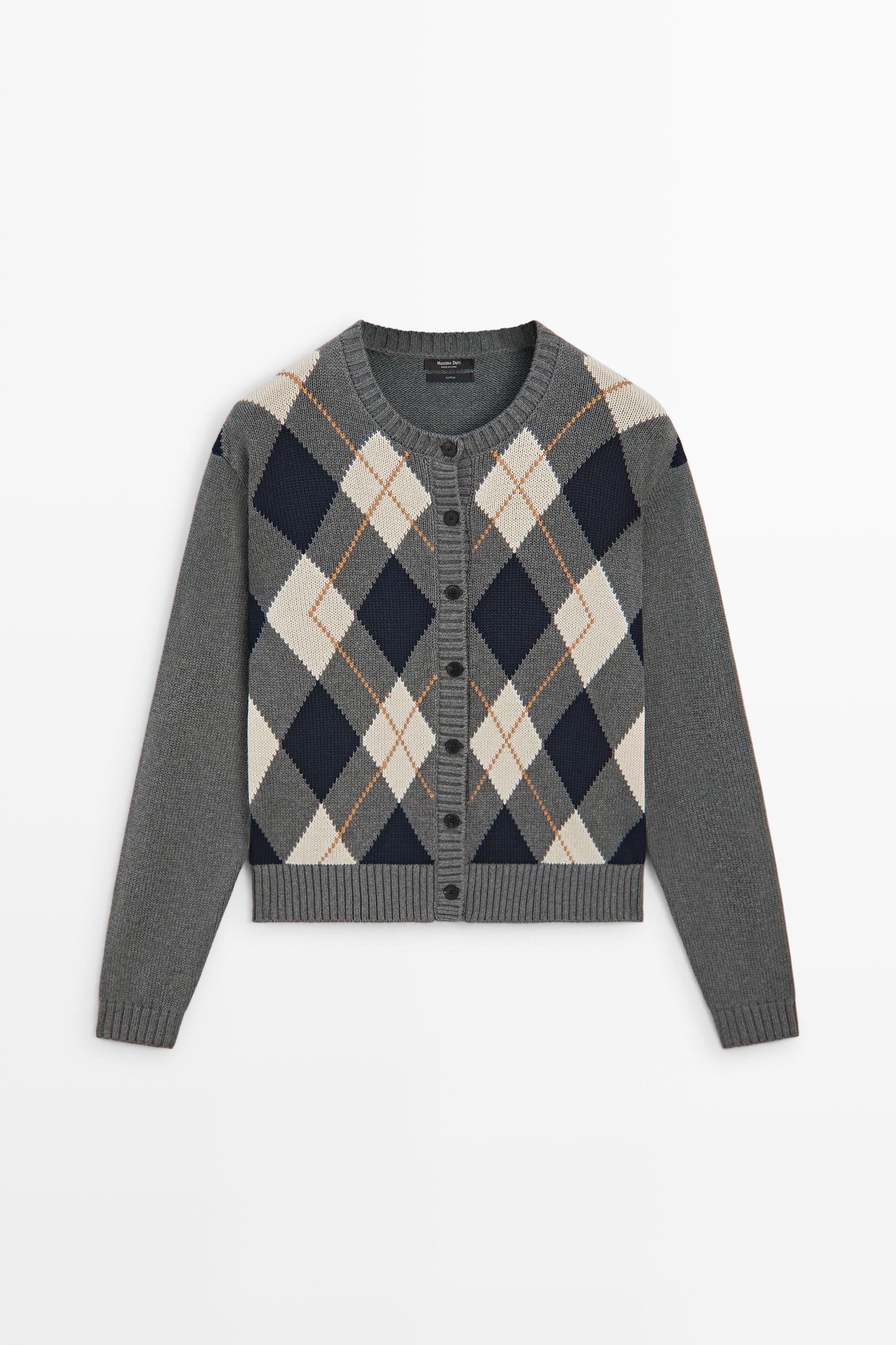 100% cotton diamond knit cardigan - GREY