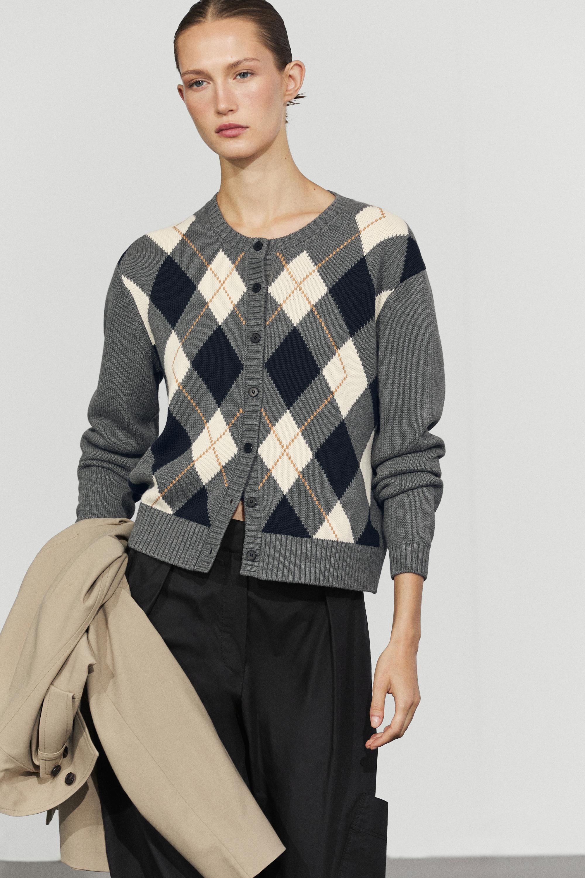 100% cotton diamond knit cardigan - GREY
