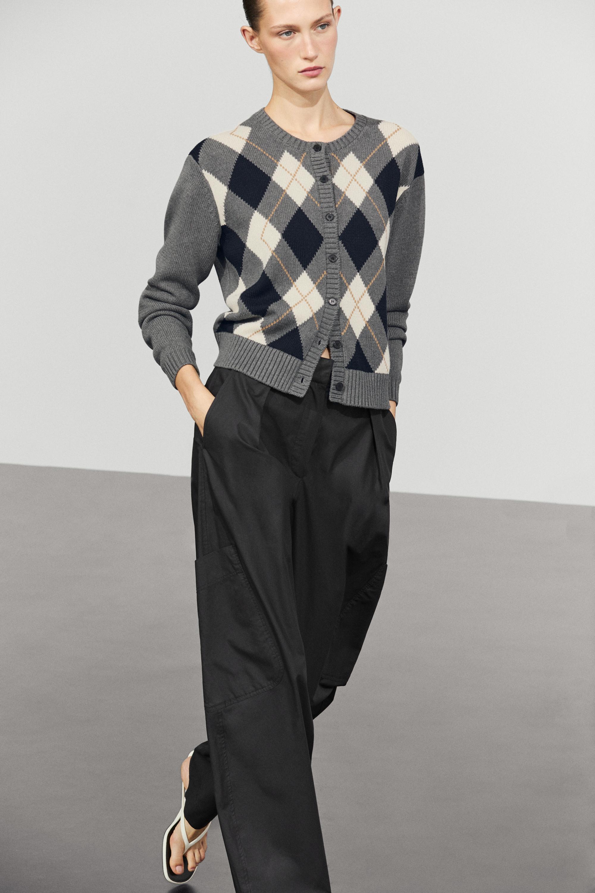 100% cotton diamond knit cardigan - GREY