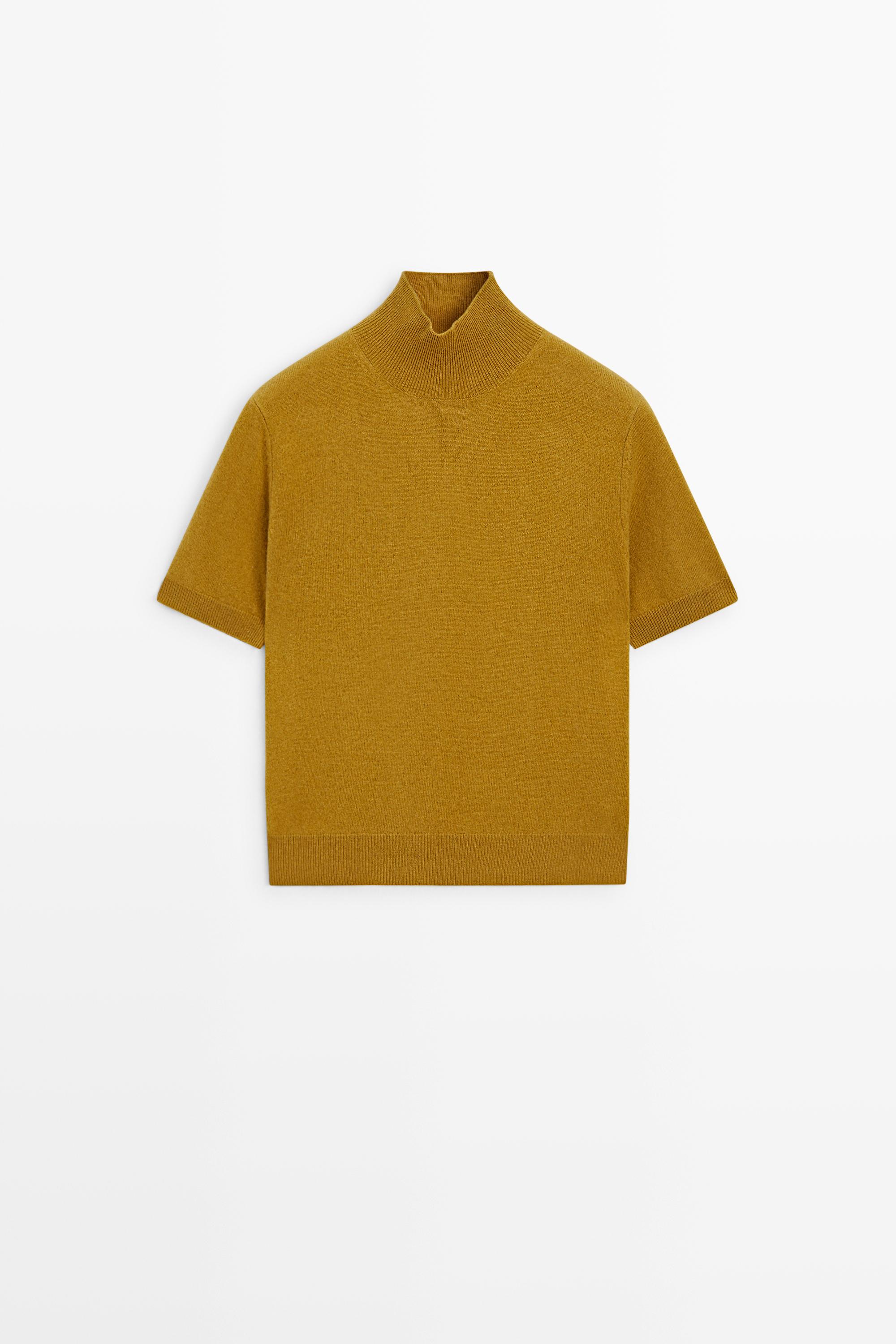 Wool-cashmere blend short sleeve knit sweater - MUSTARD YELLOW