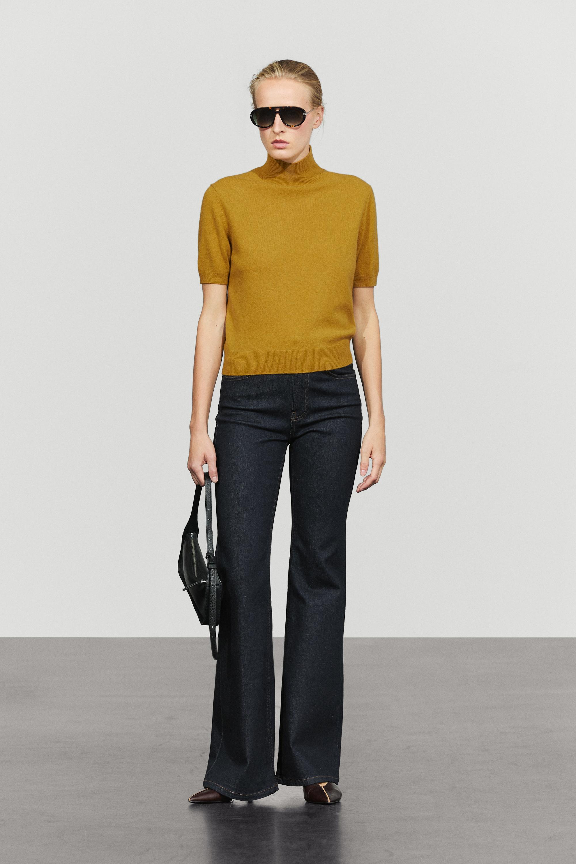 Wool-cashmere blend short sleeve knit sweater - MUSTARD YELLOW