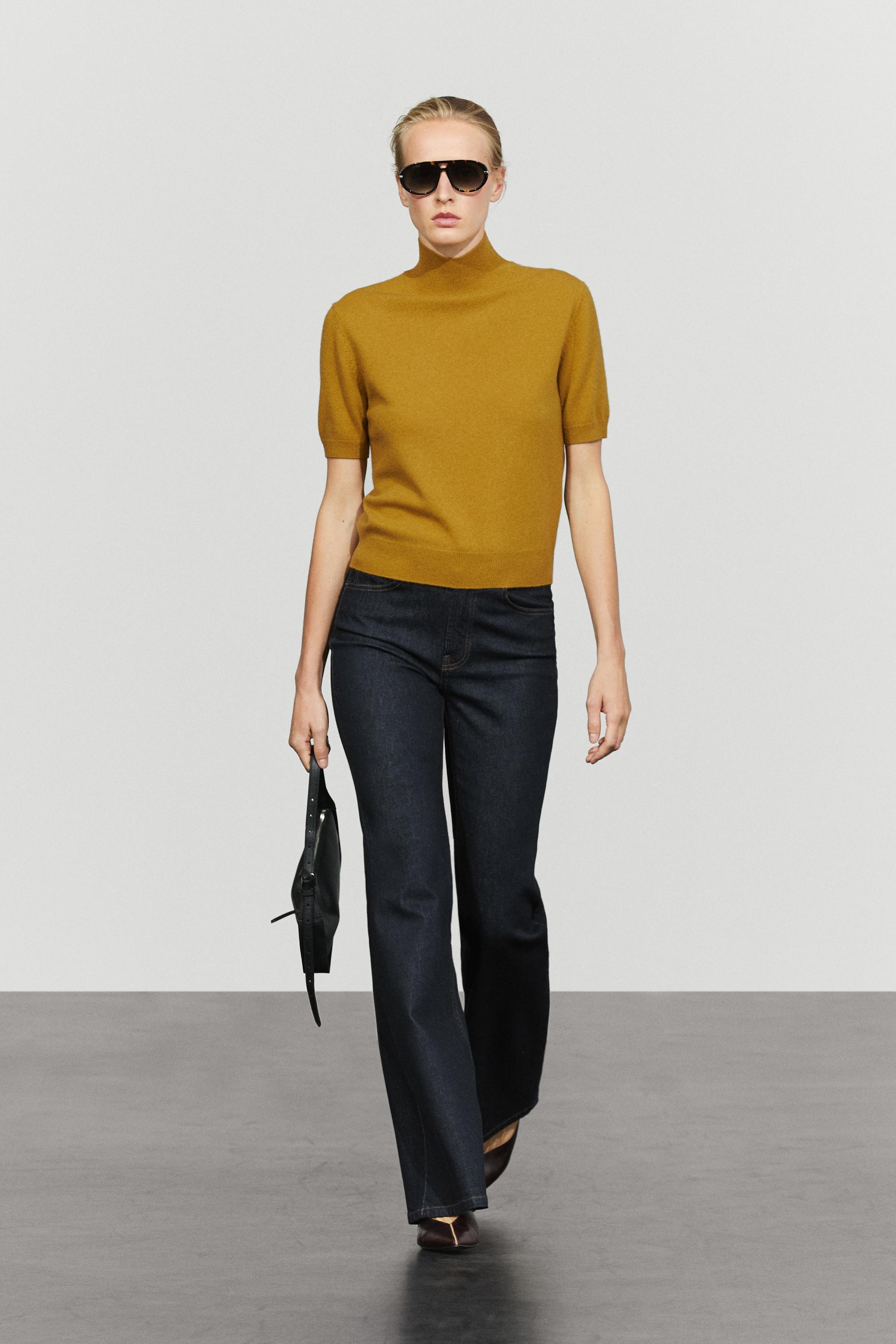 Wool-cashmere blend short sleeve knit sweater - MUSTARD YELLOW