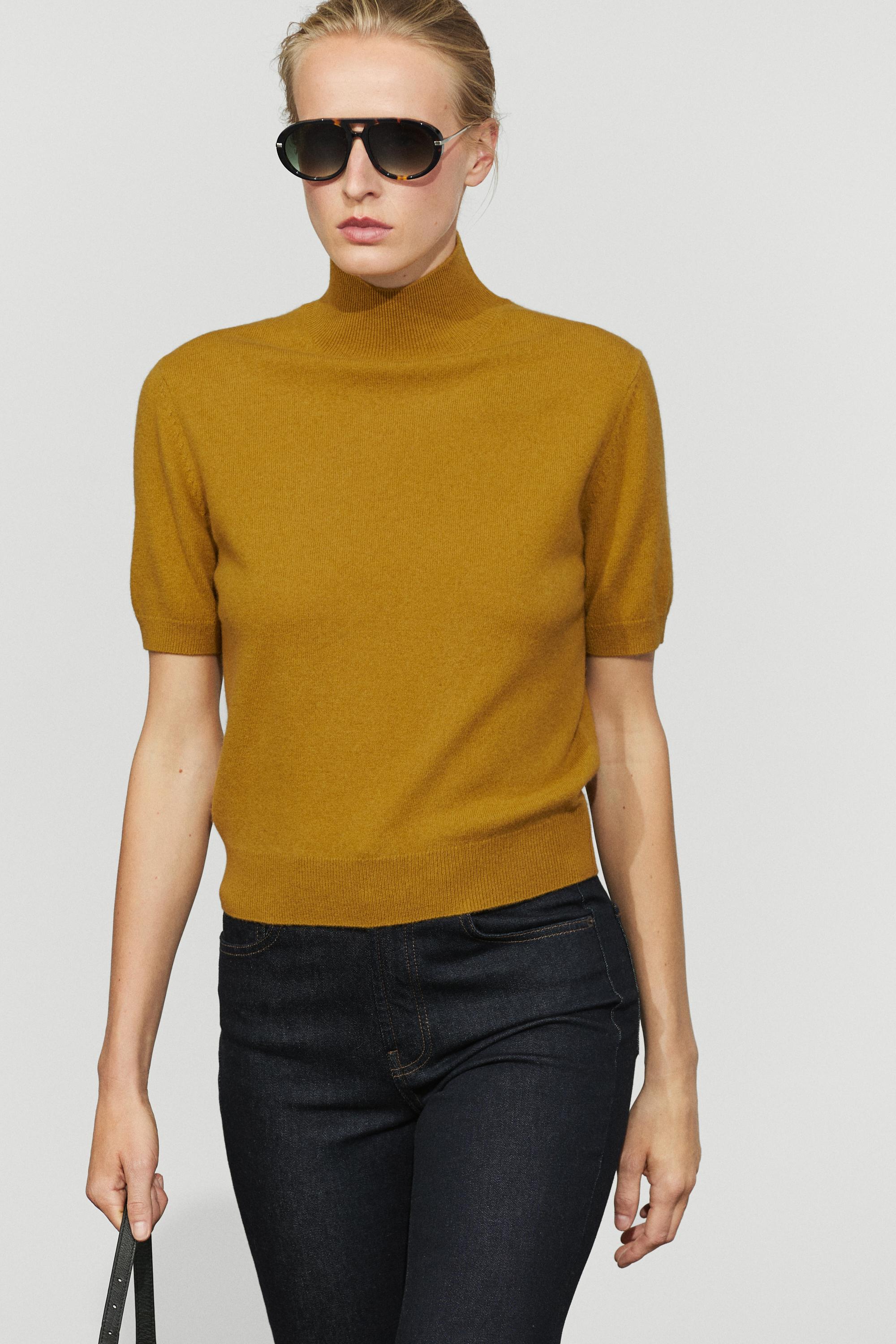 Wool-cashmere blend short sleeve knit sweater - MUSTARD YELLOW